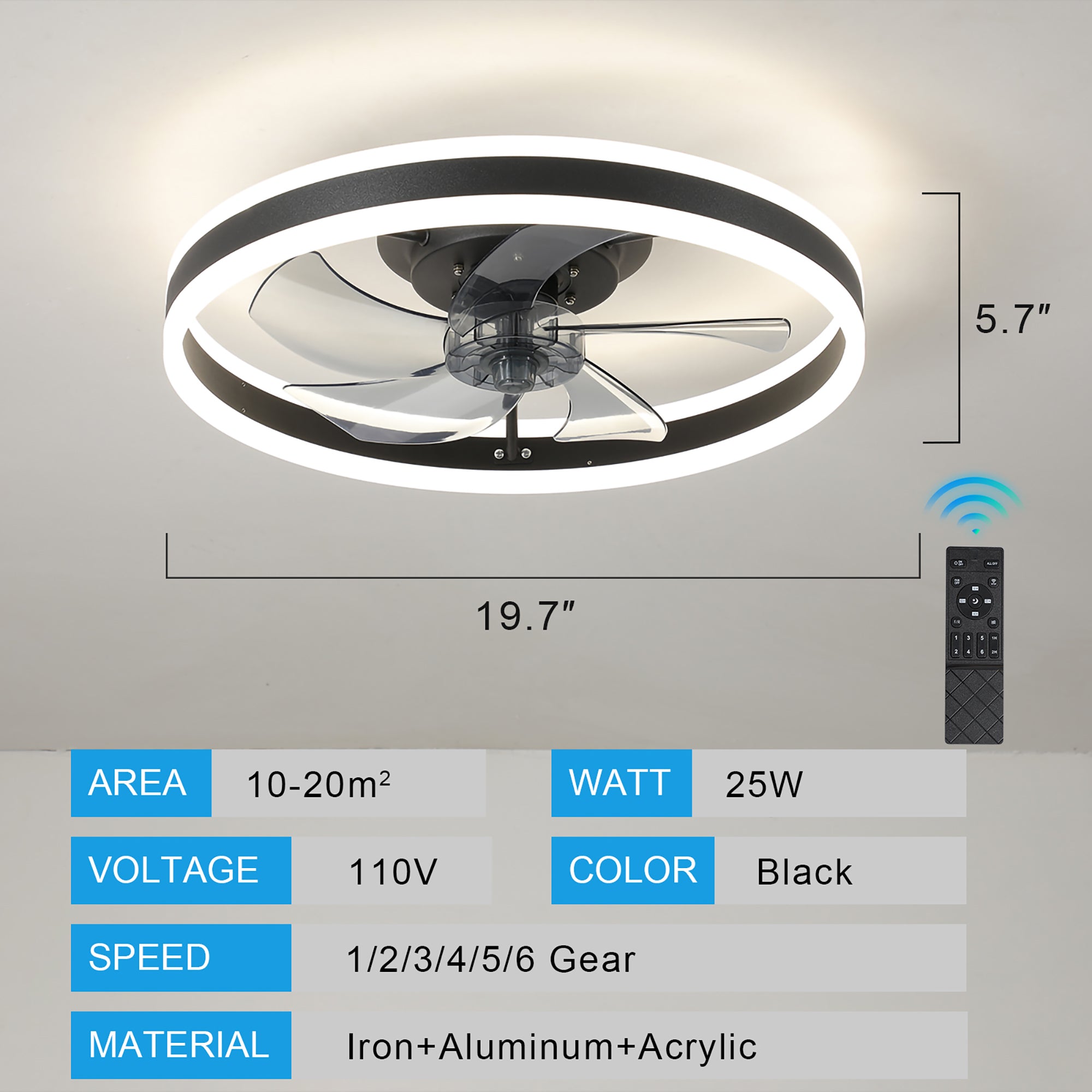 20 in W x 6 in H Ceiling Fan in Black with Lights Dimmable LED