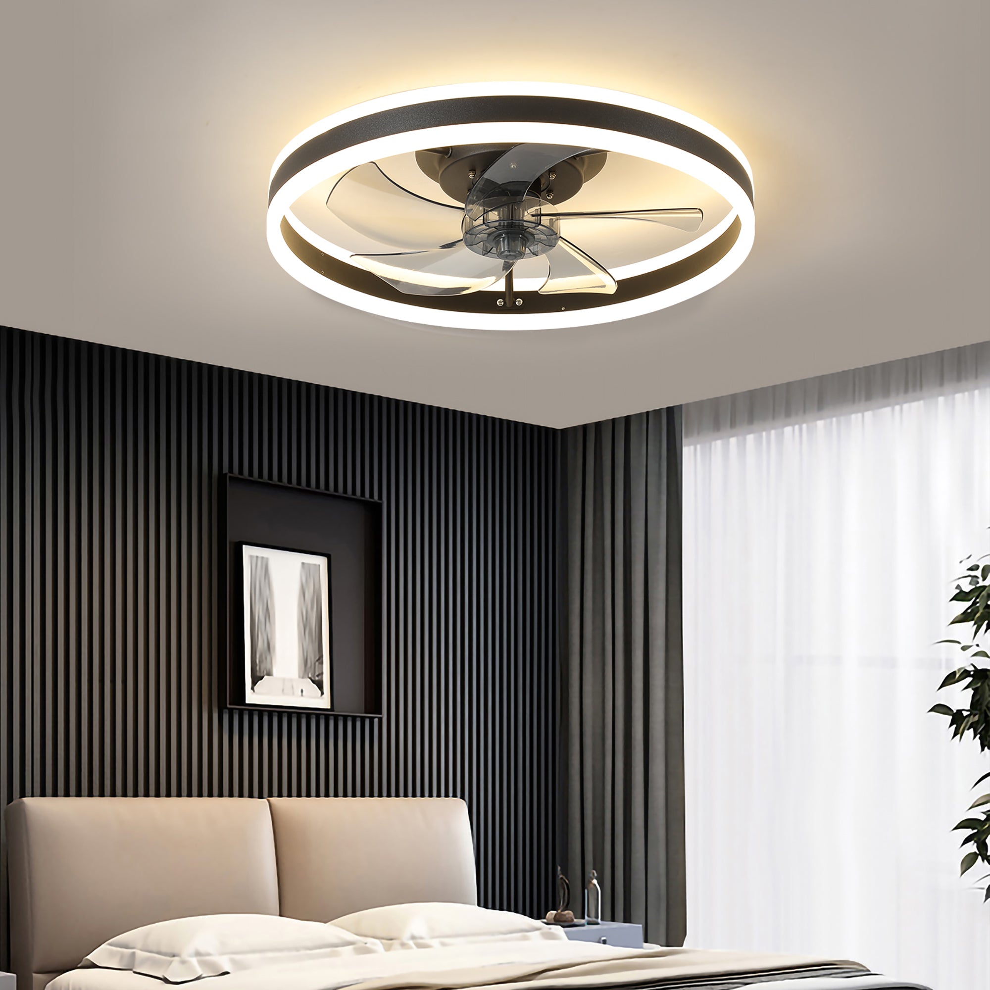 20 in W x 6 in H Ceiling Fan in Black with Lights Dimmable LED