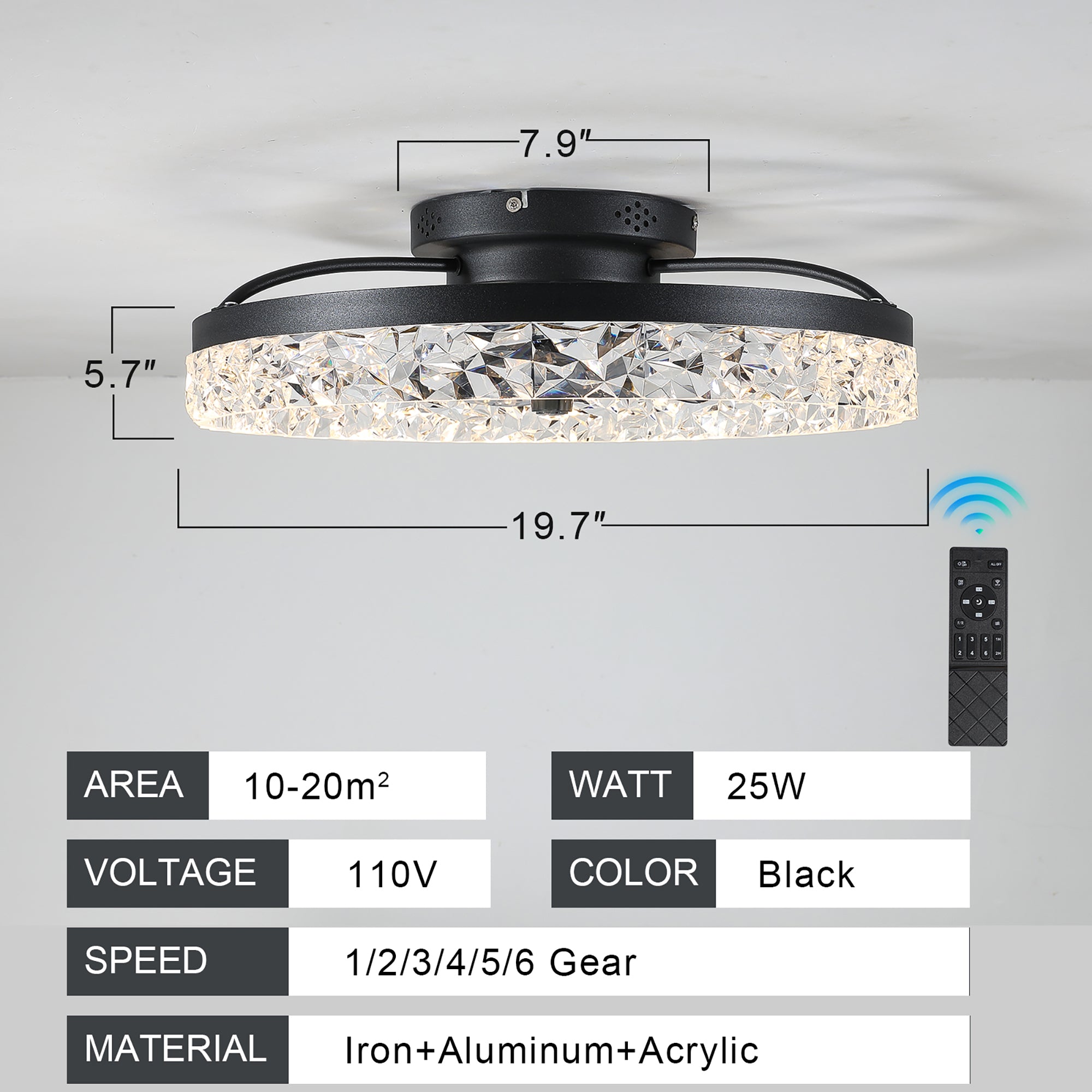 20 in W x 6 in H Ceiling Fan in Black with Lights Dimmable LED