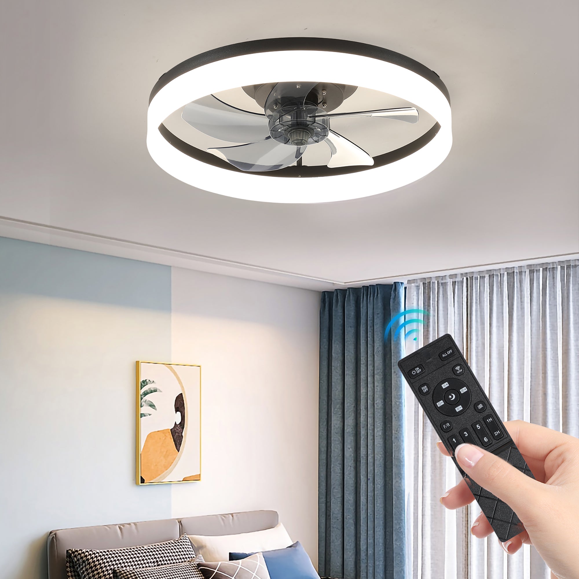 20 in W x 6 in H Ceiling Fan in Black with Lights Dimmable LED