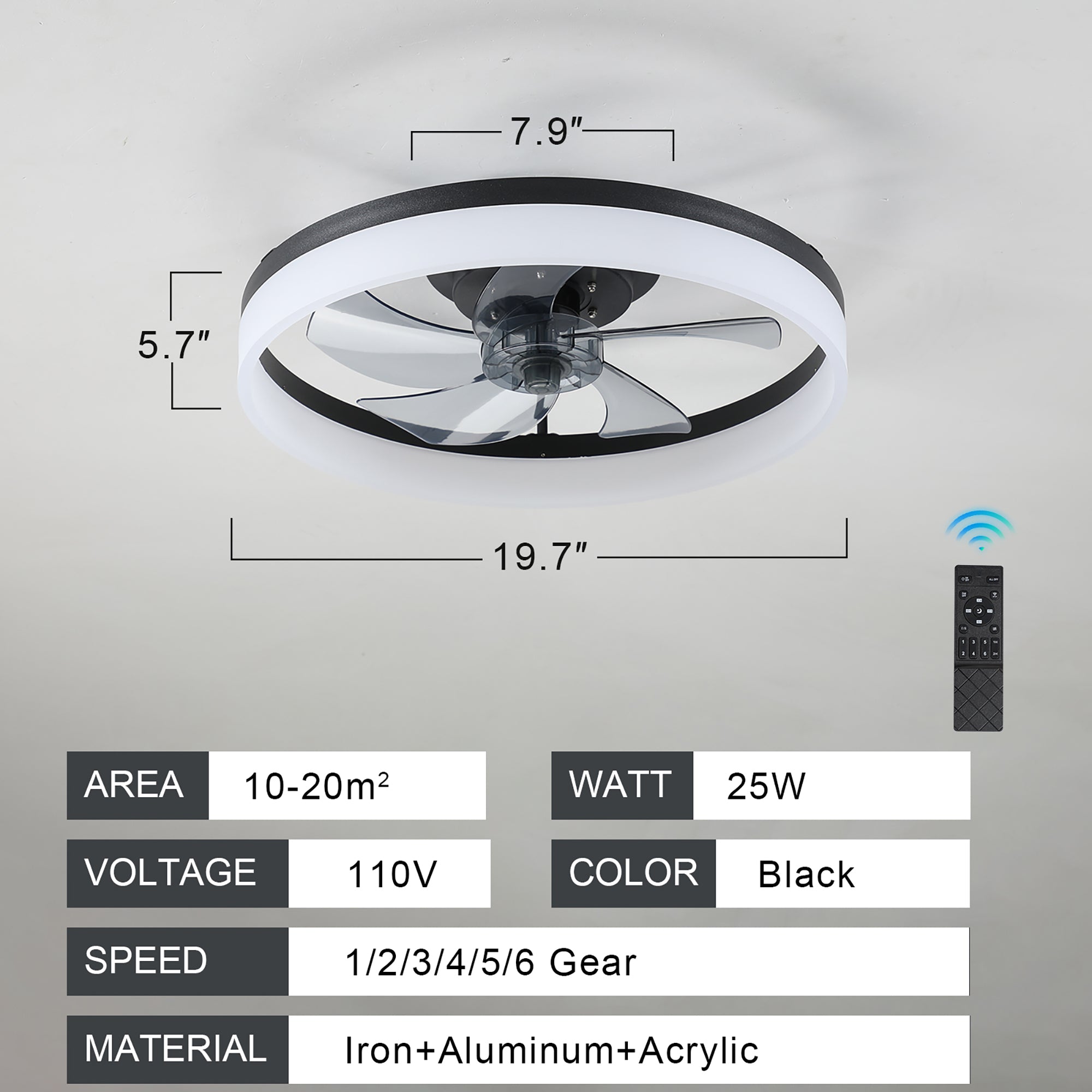 20 in W x 6 in H Ceiling Fan in Black with Lights Dimmable LED