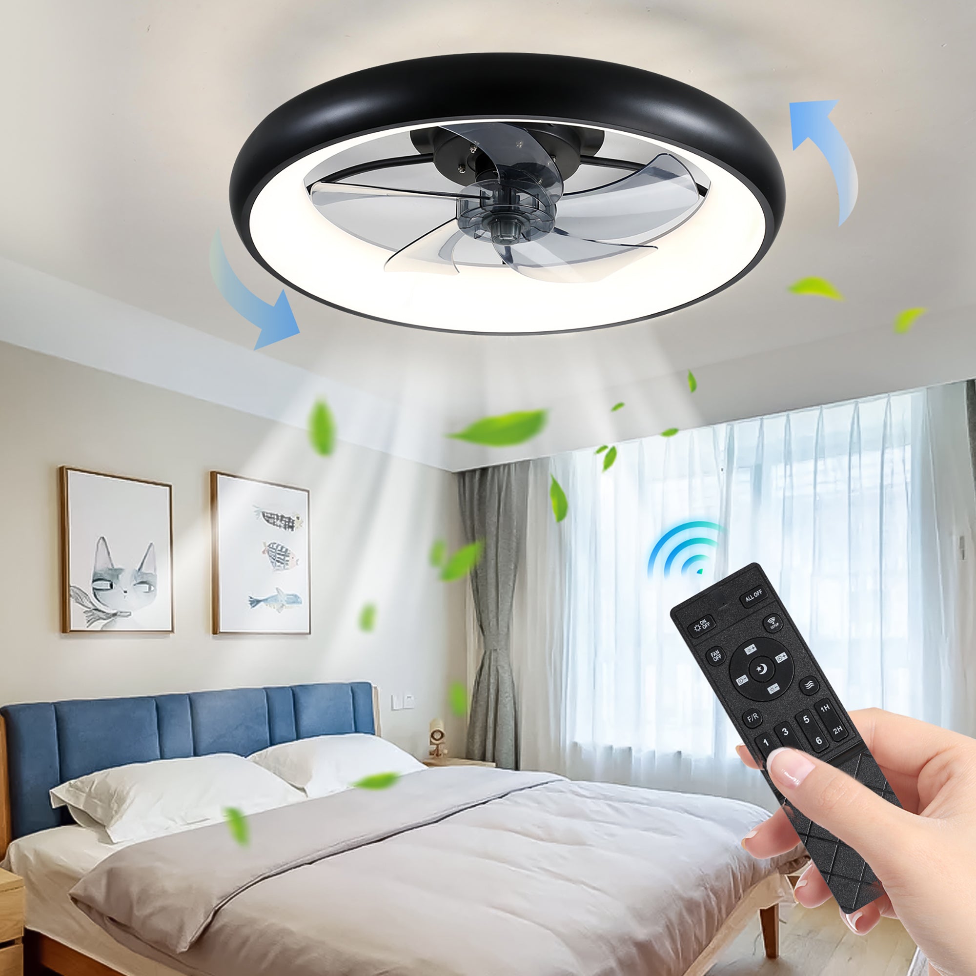 20 in W x 6 in H Ceiling Fan in Black and White with Lights Dimmable LED