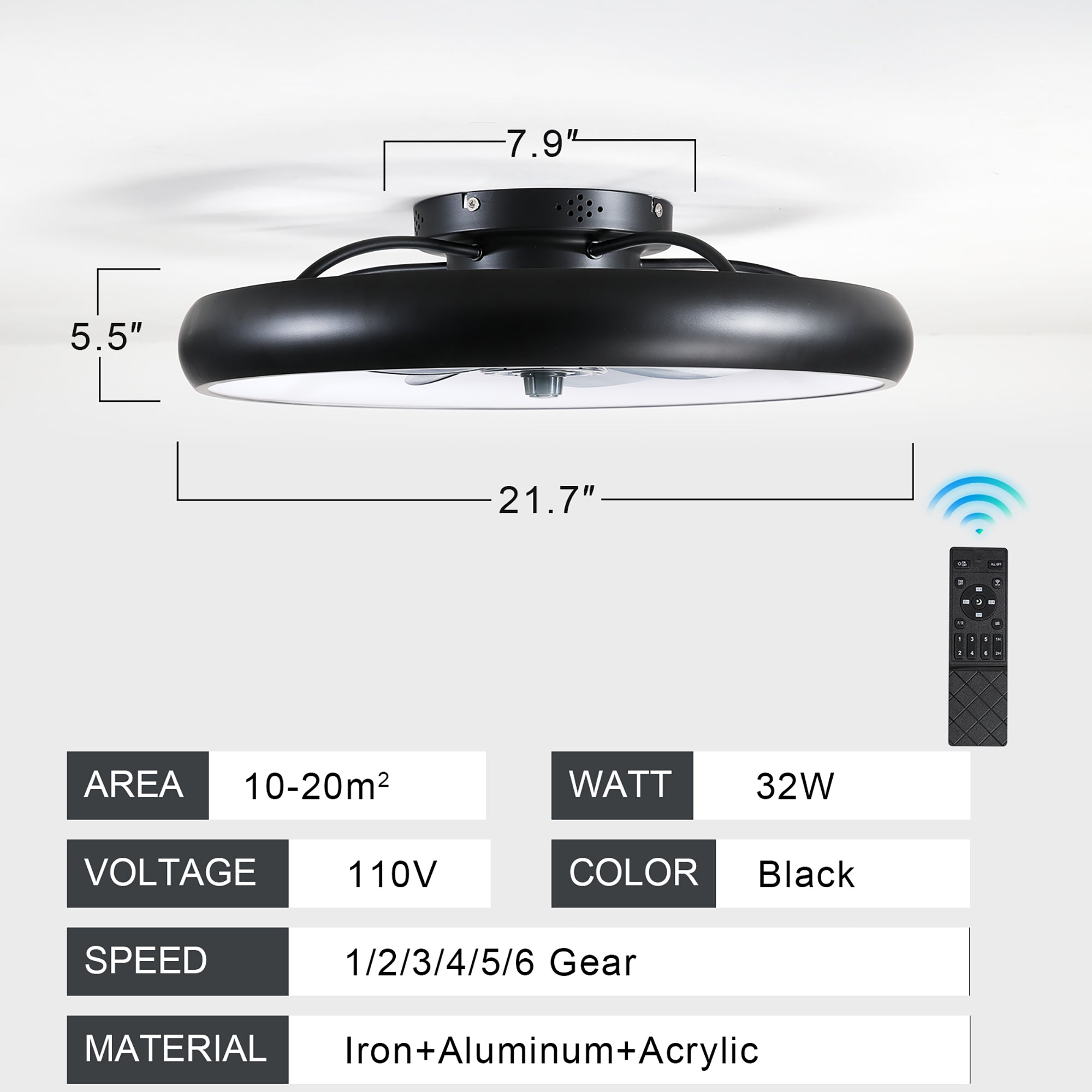 20 in W x 6 in H Ceiling Fan in Black and White with Lights Dimmable LED