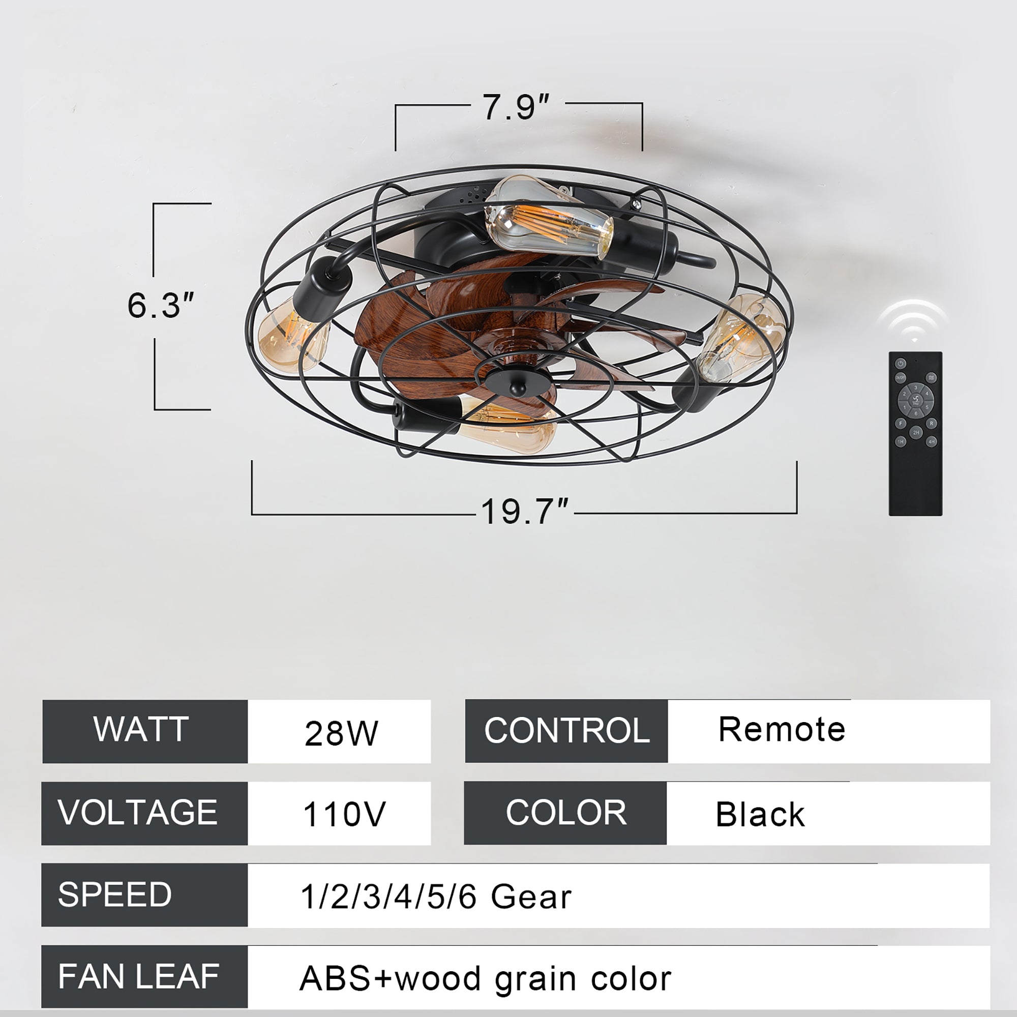 20 in W x 6 in H Ceiling Fan in Black and White with Lights Dimmable LED