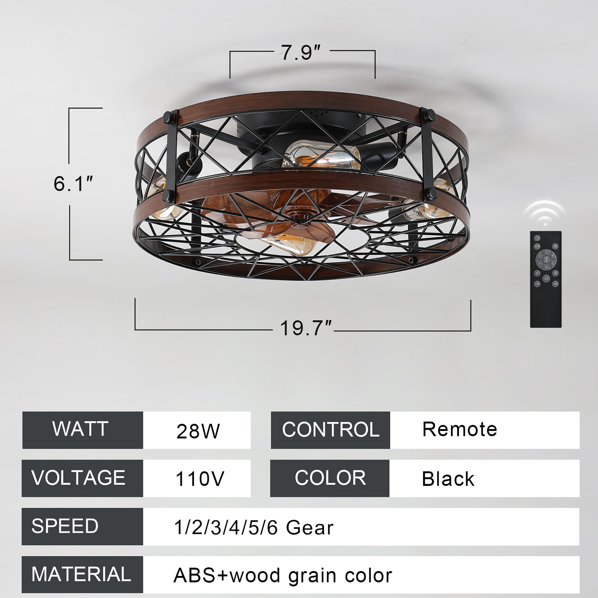 20 in W x 6 in H Ceiling Fan in Black and White with Lights Dimmable LED