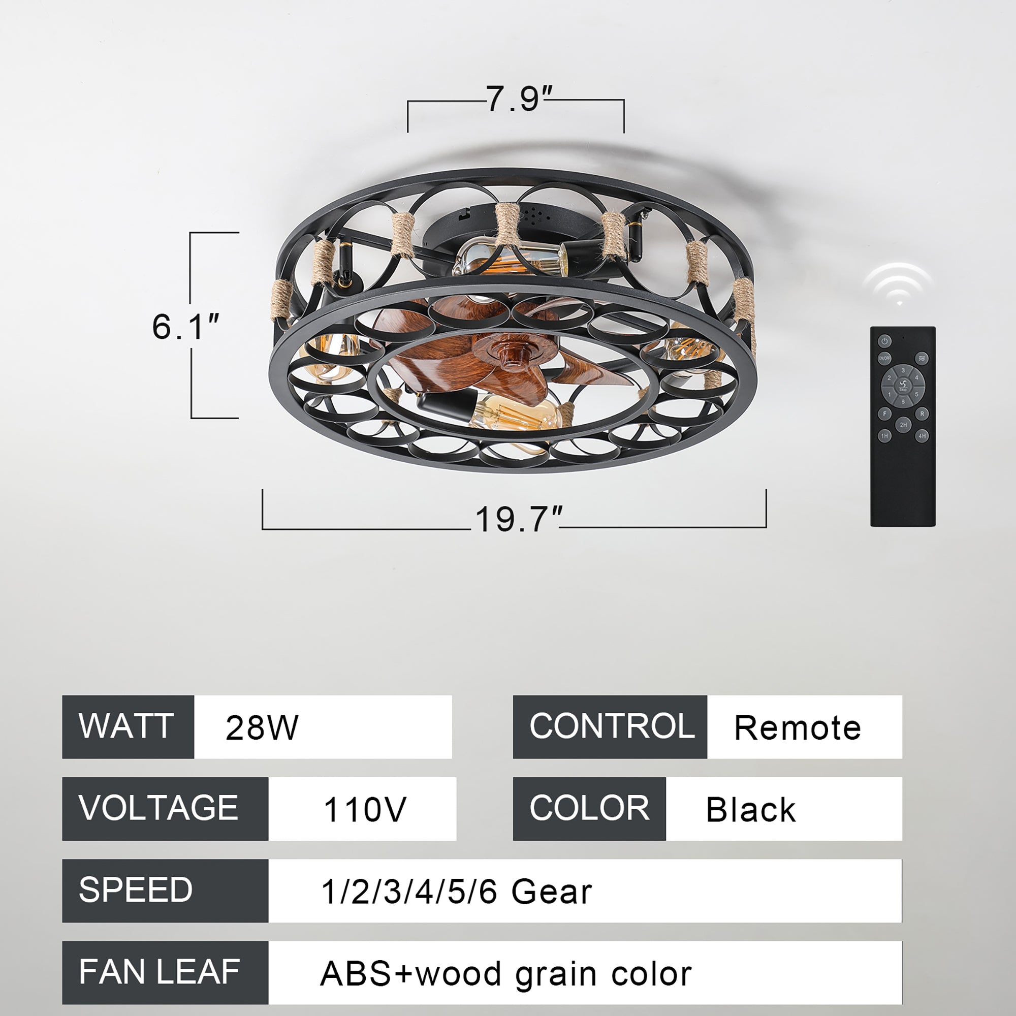 20 in W x 6 in H Ceiling Fan in Black and White with Lights Dimmable LED