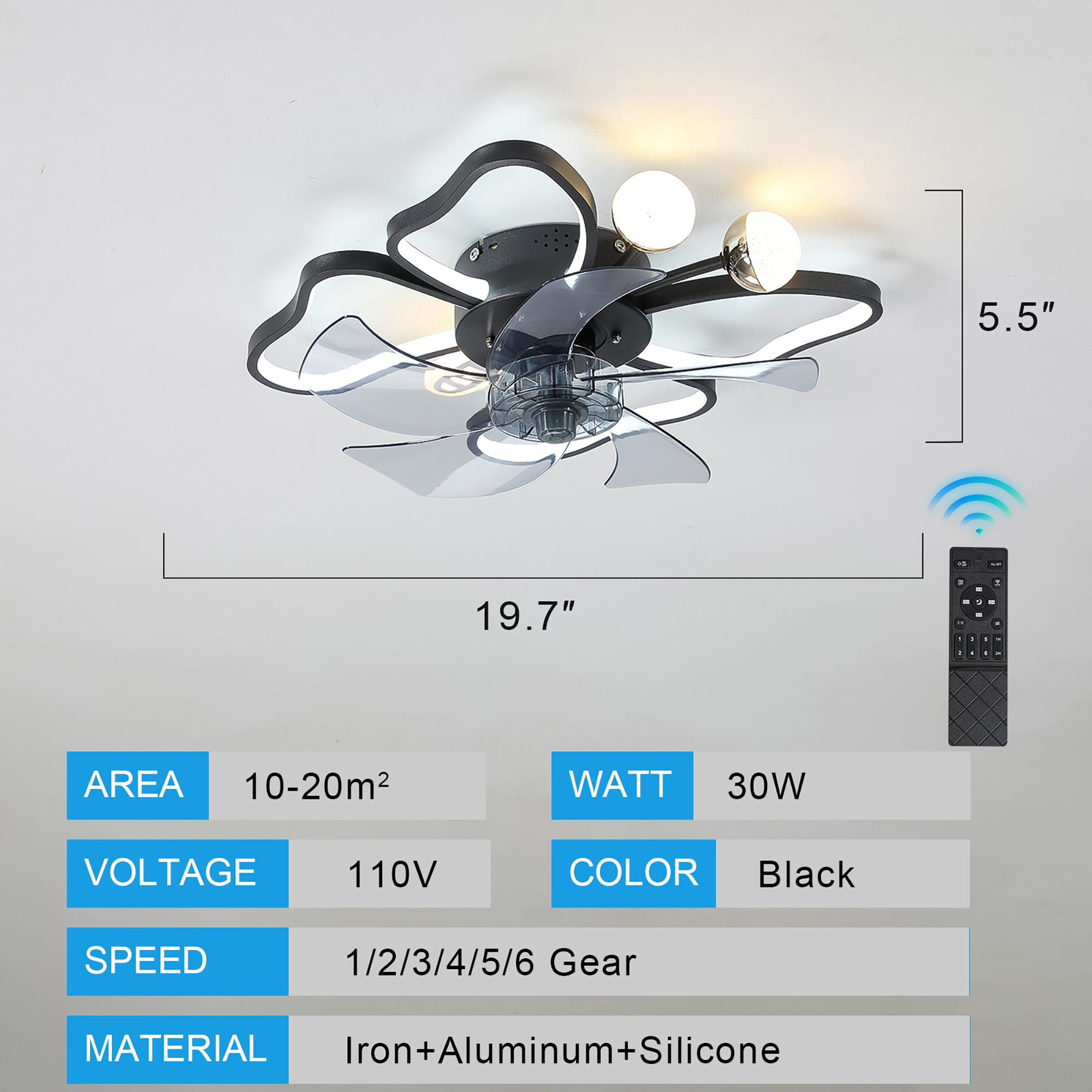 20 in W x 6 in H Ceiling Fan in Black and White with Lights Dimmable LED
