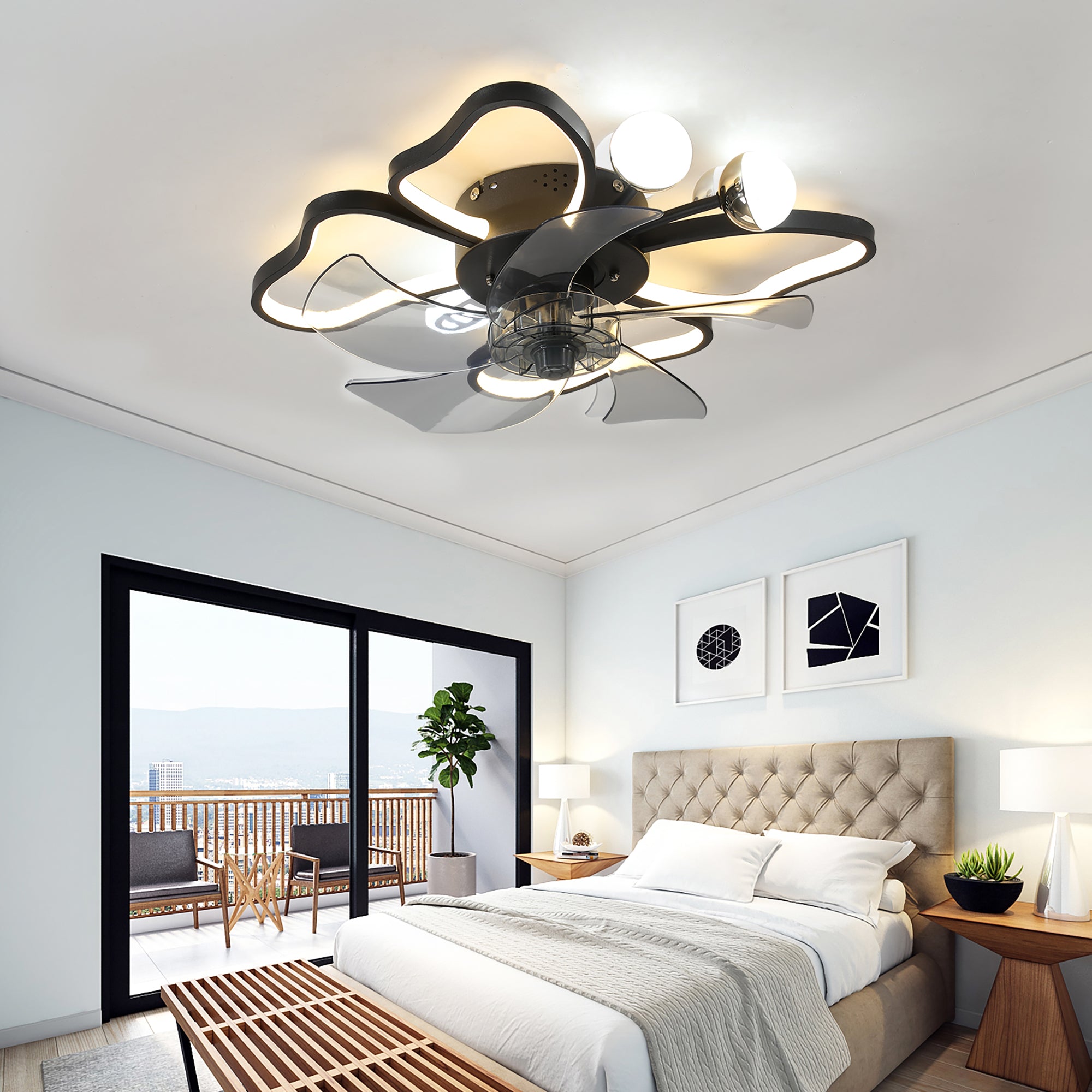 20 in W x 6 in H Ceiling Fan in Black and White with Lights Dimmable LED