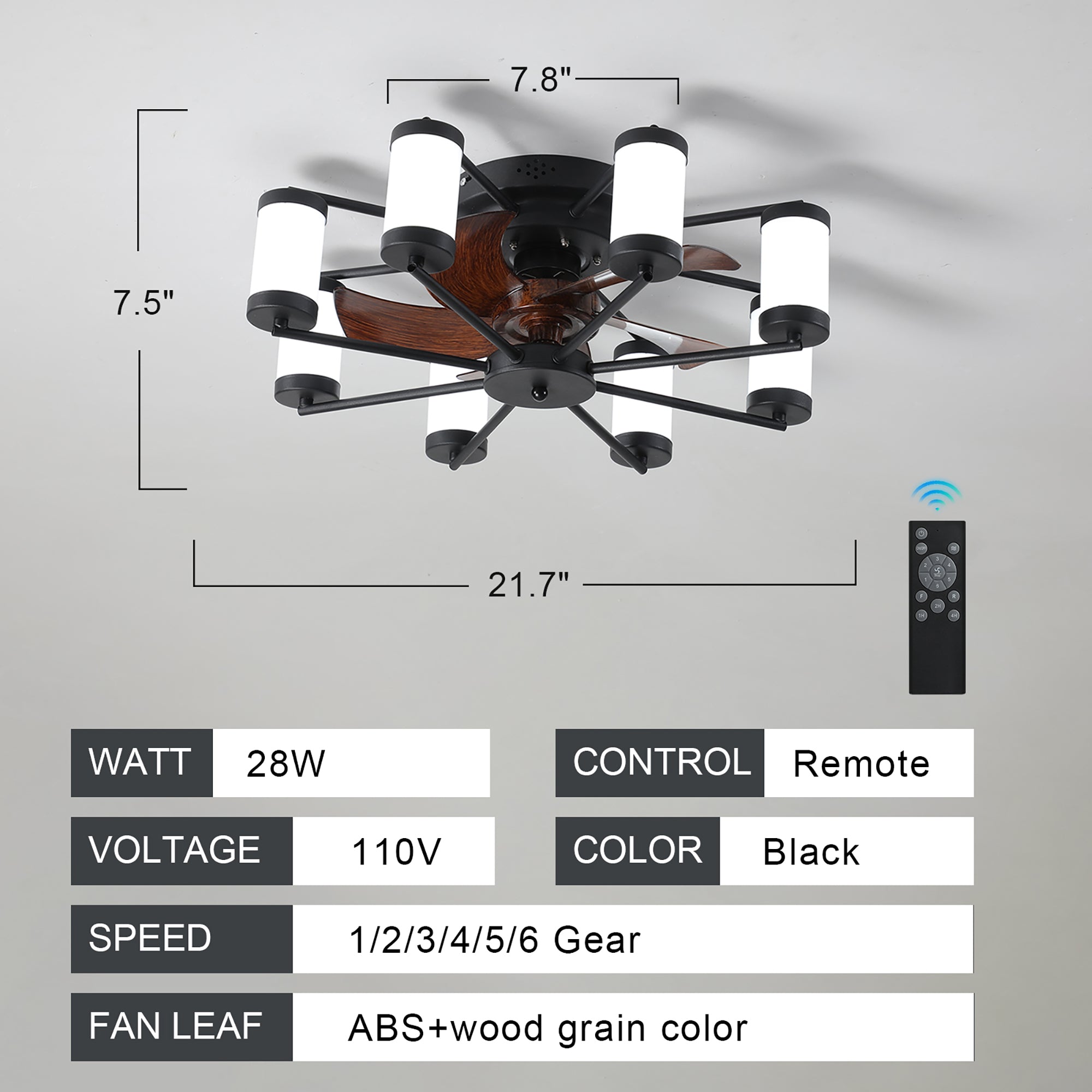 20 in W x 6 in H Ceiling Fan in Black and White with Lights Dimmable LED