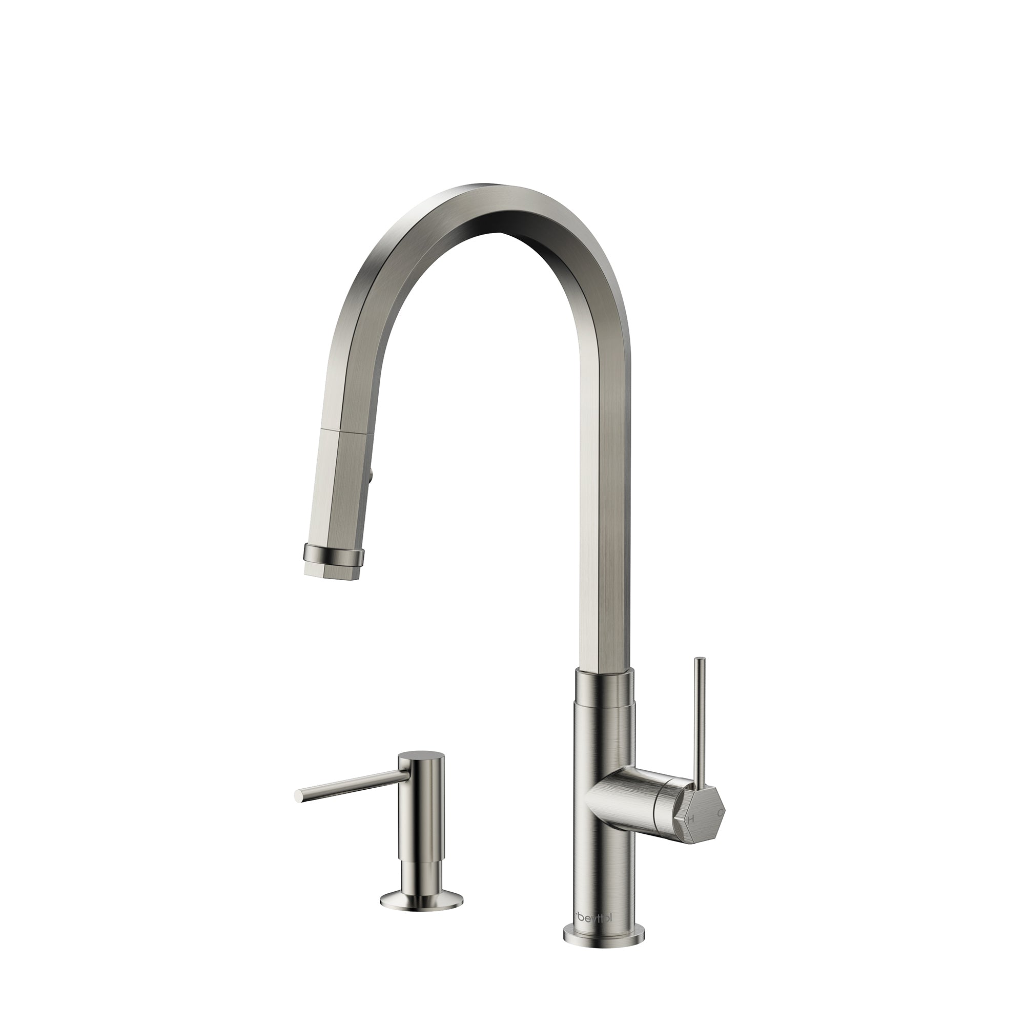Single Handle Deck Mounted High Arc Brass Kitchen Faucet with Soap Dispenser