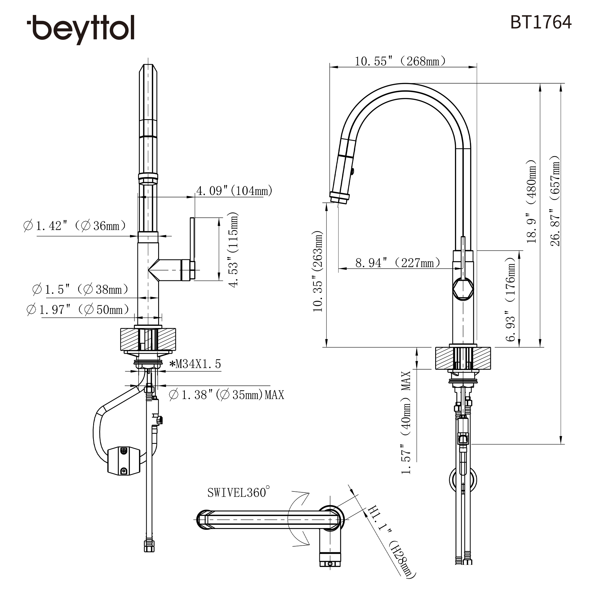 Single Handle Deck Mounted High Arc Pull Down Brass Kitchen Faucet