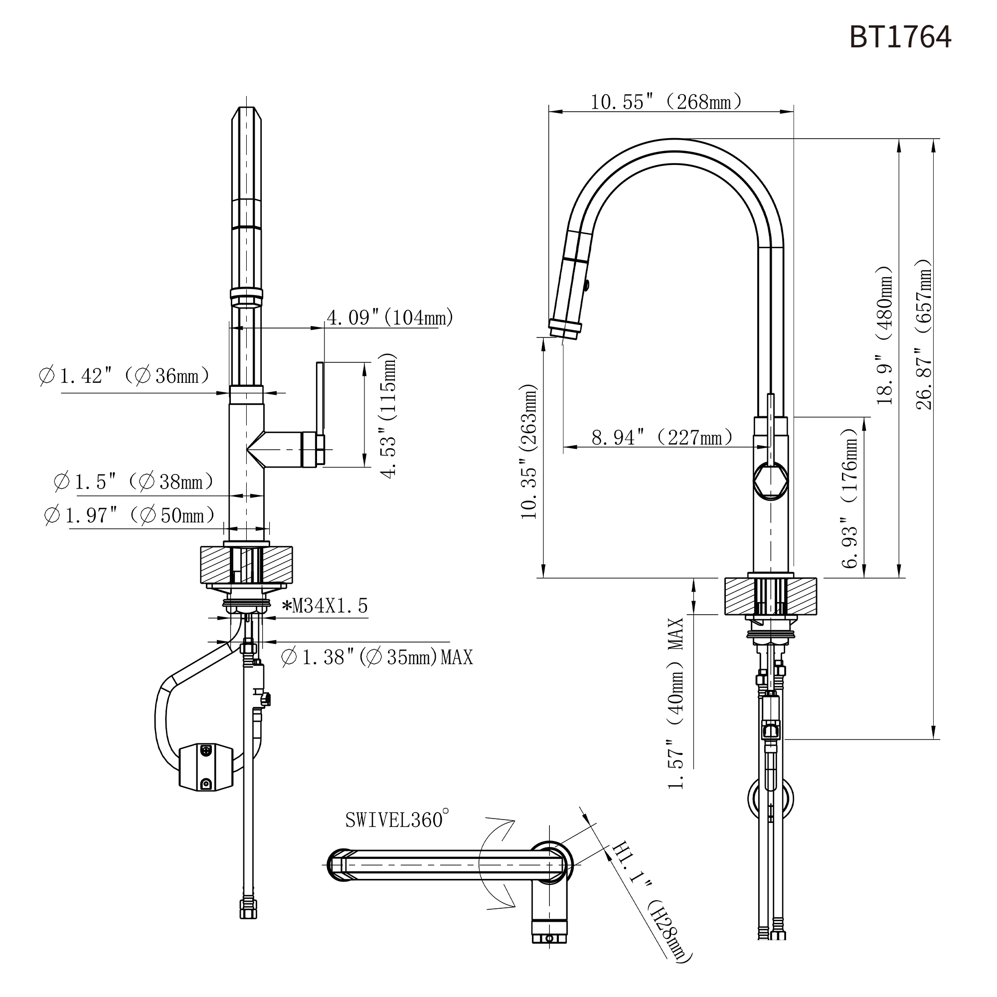 Single Handle Deck Mounted High Arc Pull Down Brass Kitchen Faucet