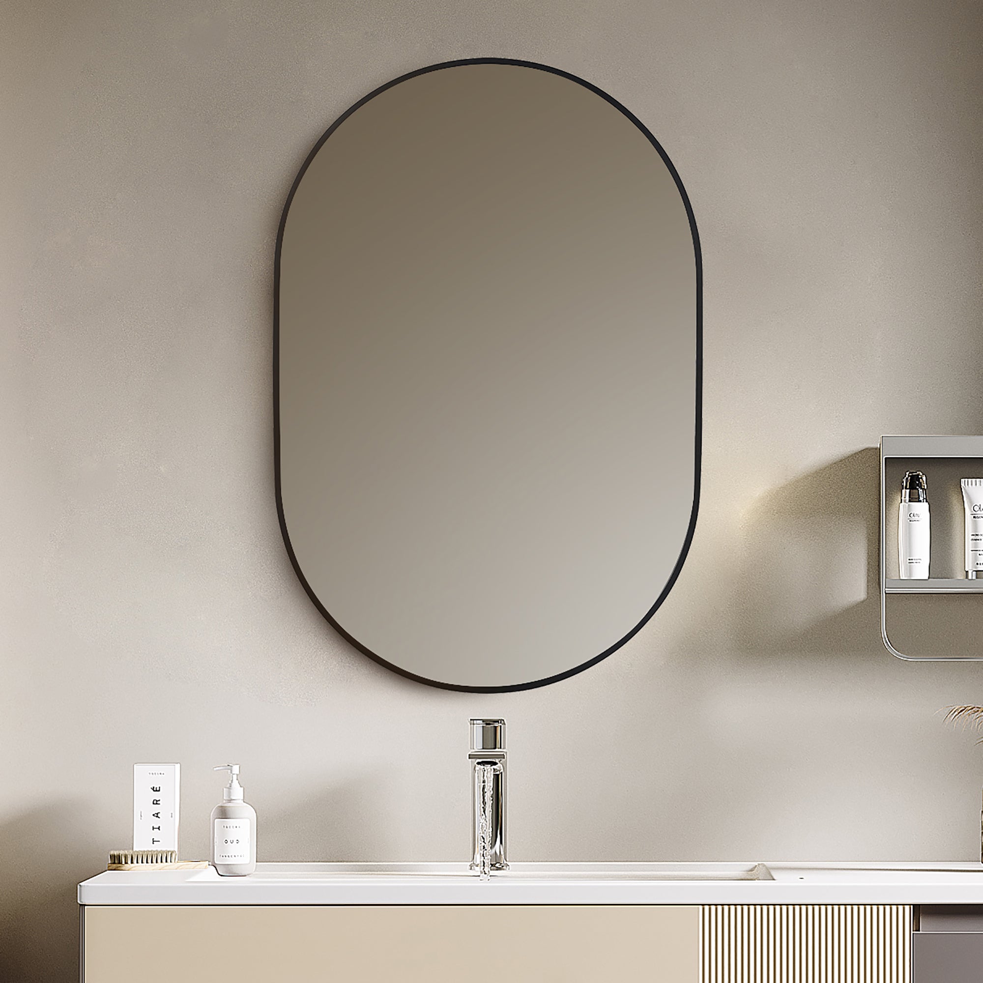 24" x 42" Oval Framed Wall Mounted Bathroom Vanity Mirror with Matte Black Border