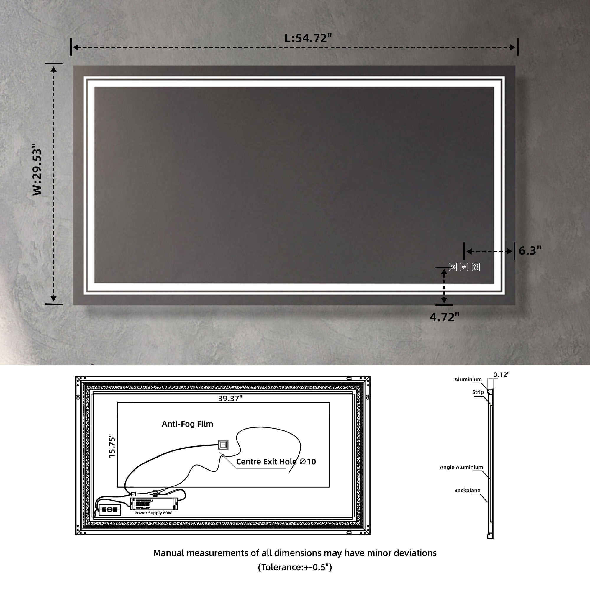 Rectangular Frameless Dimmable Wall Mounted LED Bathroom Mirror