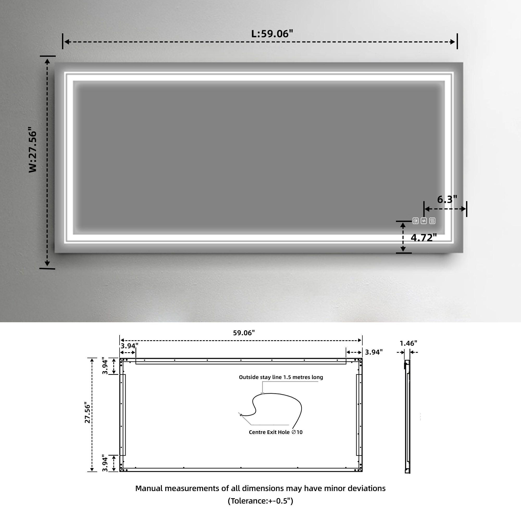 Rectangular Frameless Dimmable Wall Mounted LED Bathroom Mirror