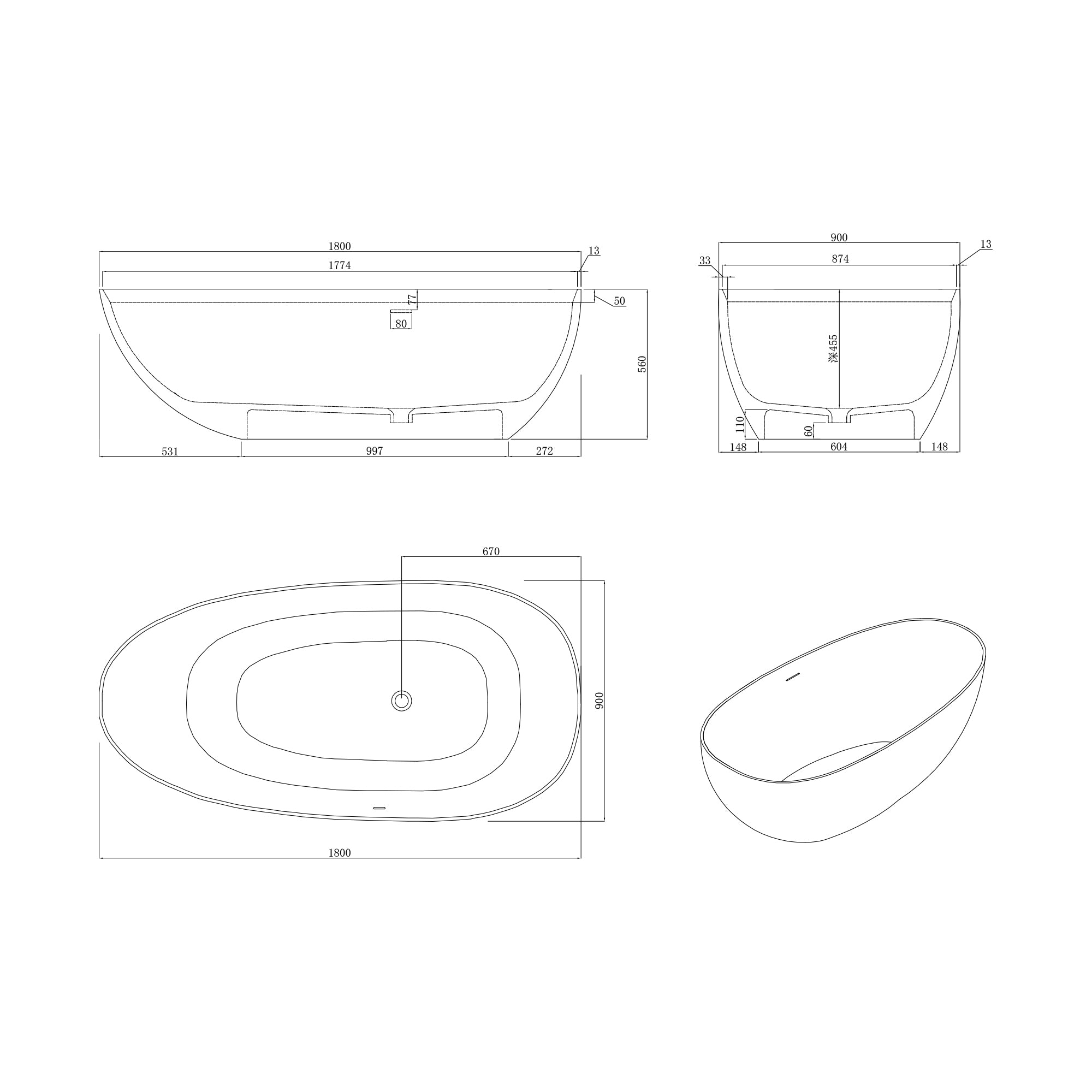 Solid Surface Freestanding Soaking Bathtub