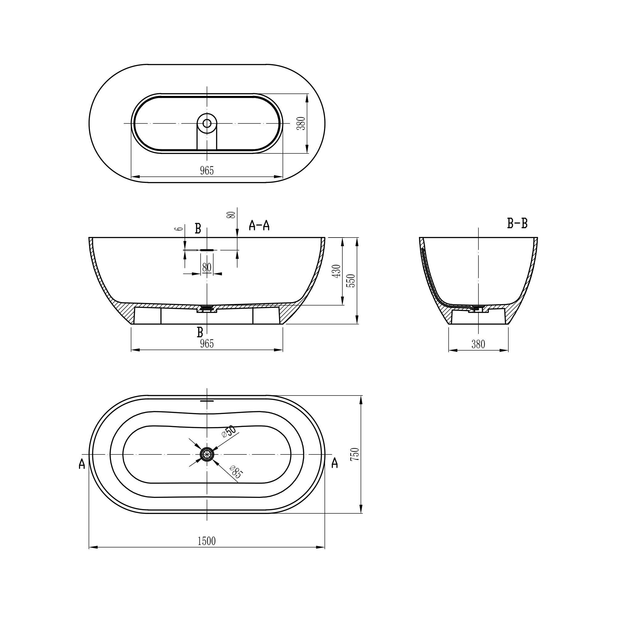 Solid Surface Freestanding Soaking Bathtub