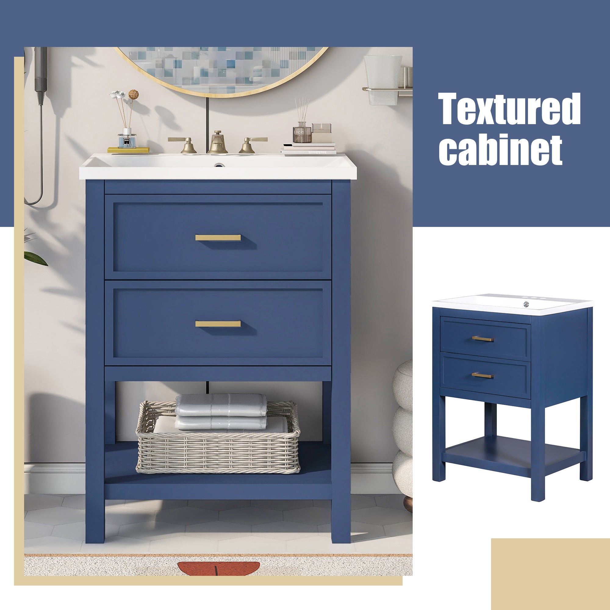 24'' Freestanding Bathroom Vanity Set in Blue with Integrated Resin Sink and Open Shelf