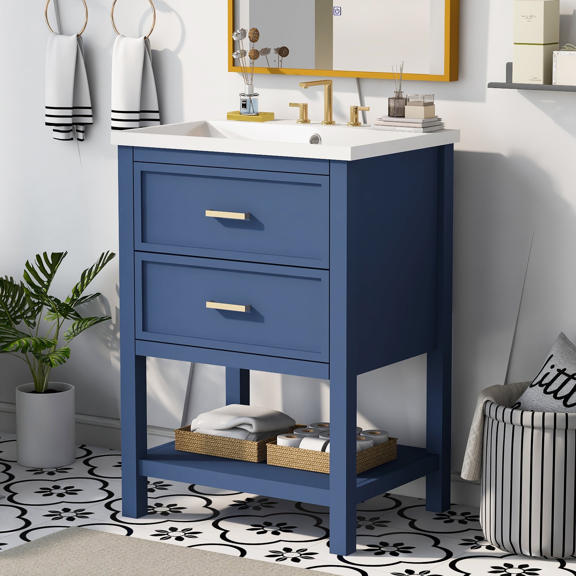 24'' Freestanding Bathroom Vanity Set in Blue with Integrated Resin Sink and Open Shelf