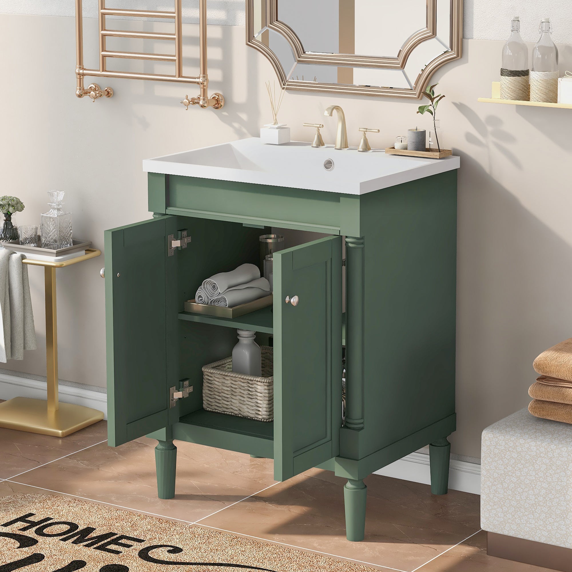 24'' Freestanding Bathroom Vanity Set in Blue with Integrated Resin Sink and Open Shelf