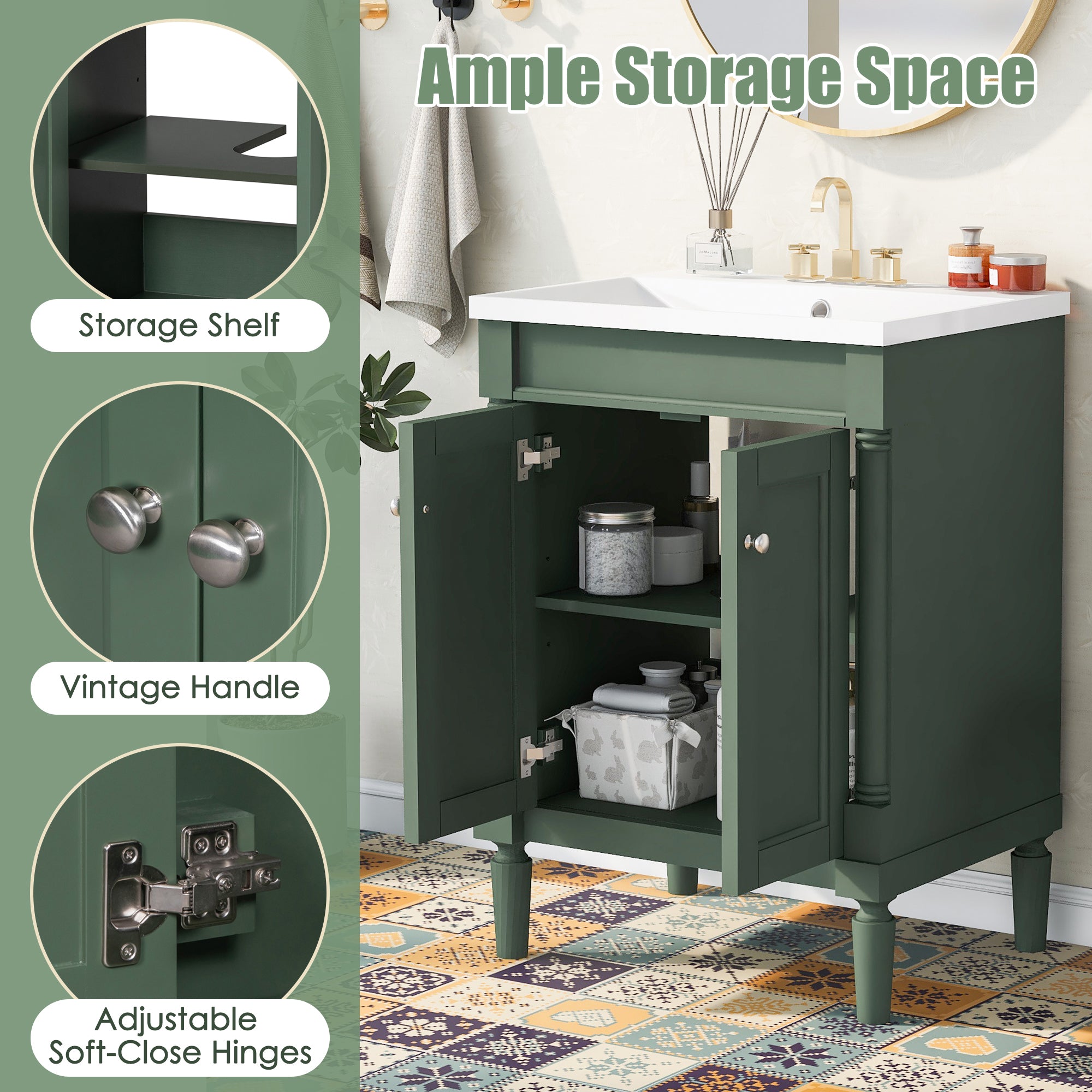 24'' Freestanding Bathroom Vanity Set in Blue with Integrated Resin Sink and Open Shelf