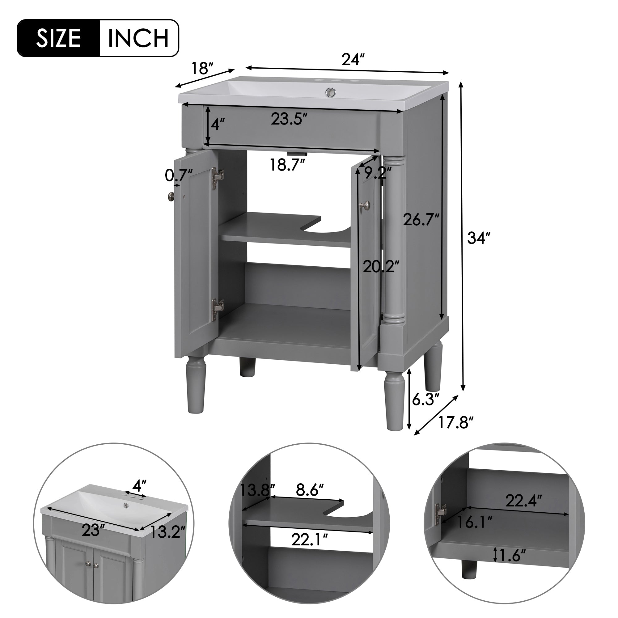 24'' Freestanding Bathroom Vanity Set in Blue with Integrated Resin Sink and Open Shelf