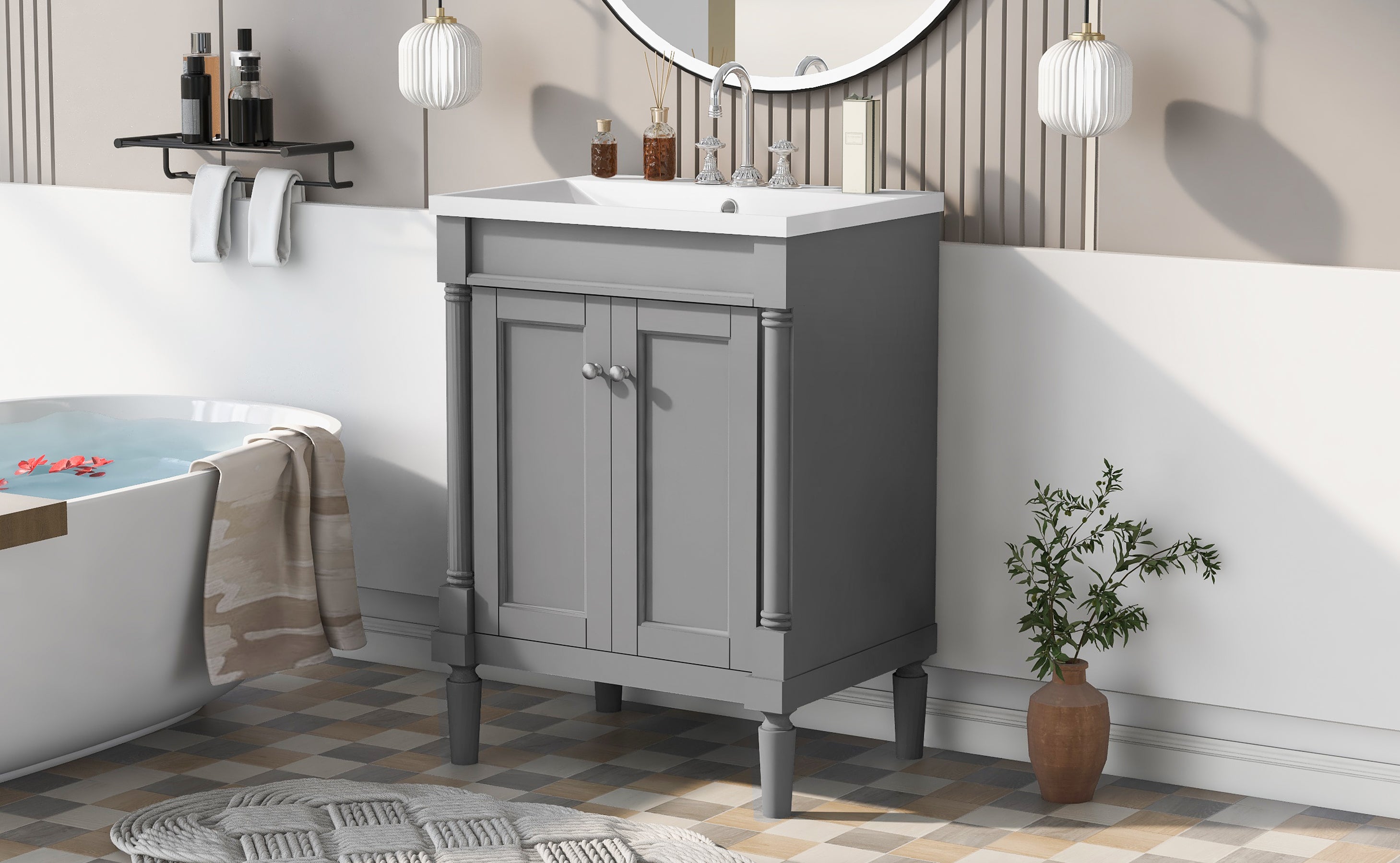 24'' Freestanding Bathroom Vanity Set in Blue with Integrated Resin Sink and Open Shelf