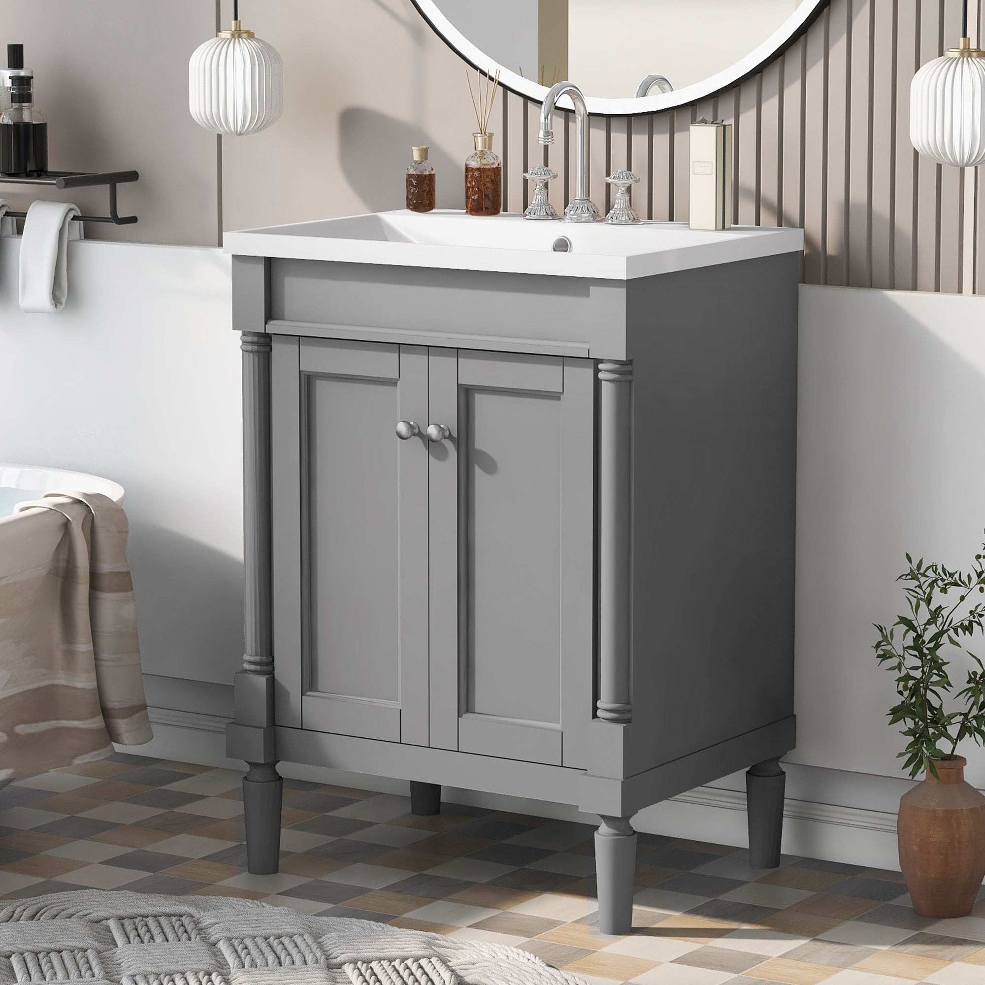 24'' Freestanding Bathroom Vanity Set in Blue with Integrated Resin Sink and Open Shelf