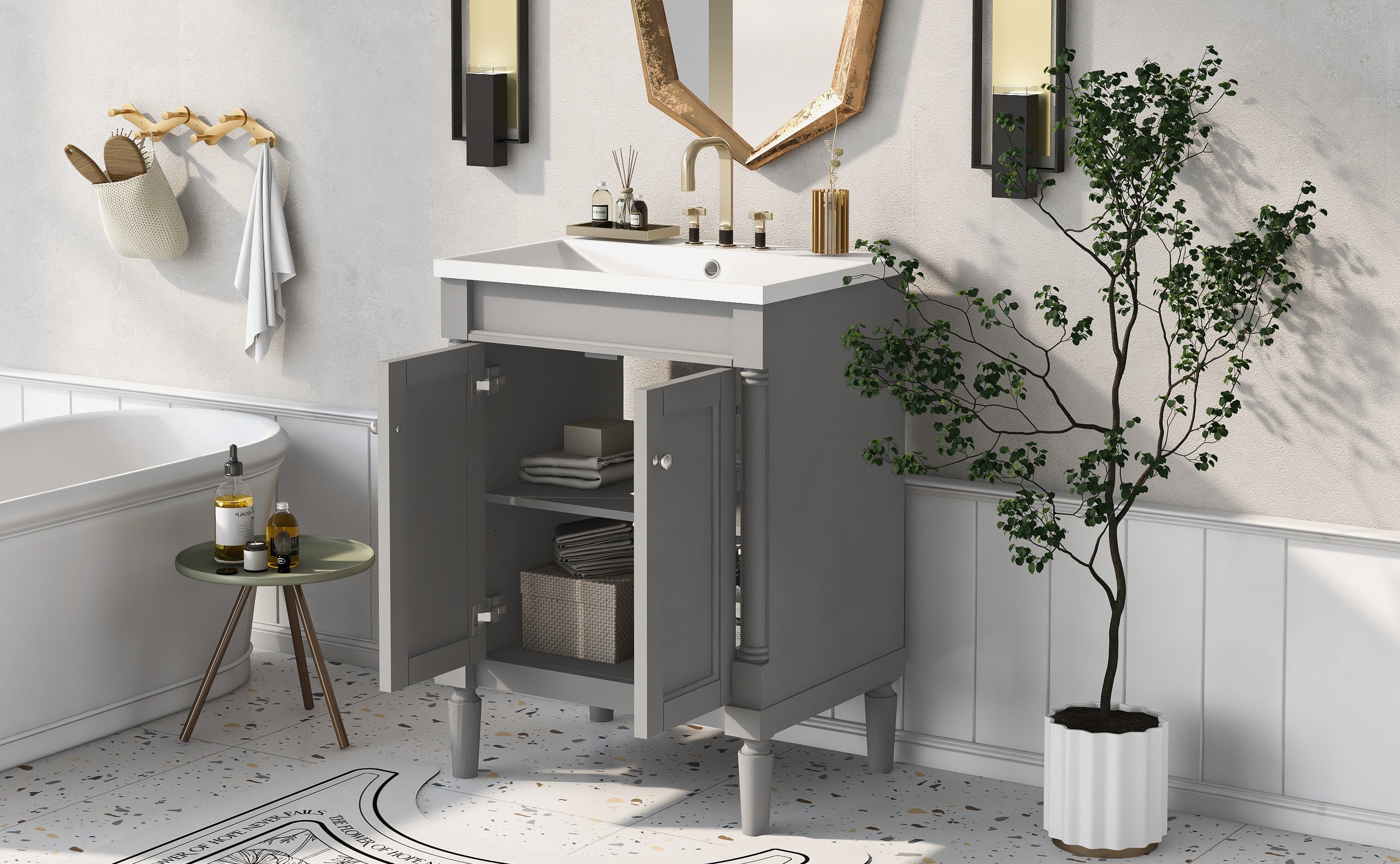 24'' Freestanding Bathroom Vanity Set in Blue with Integrated Resin Sink and Open Shelf