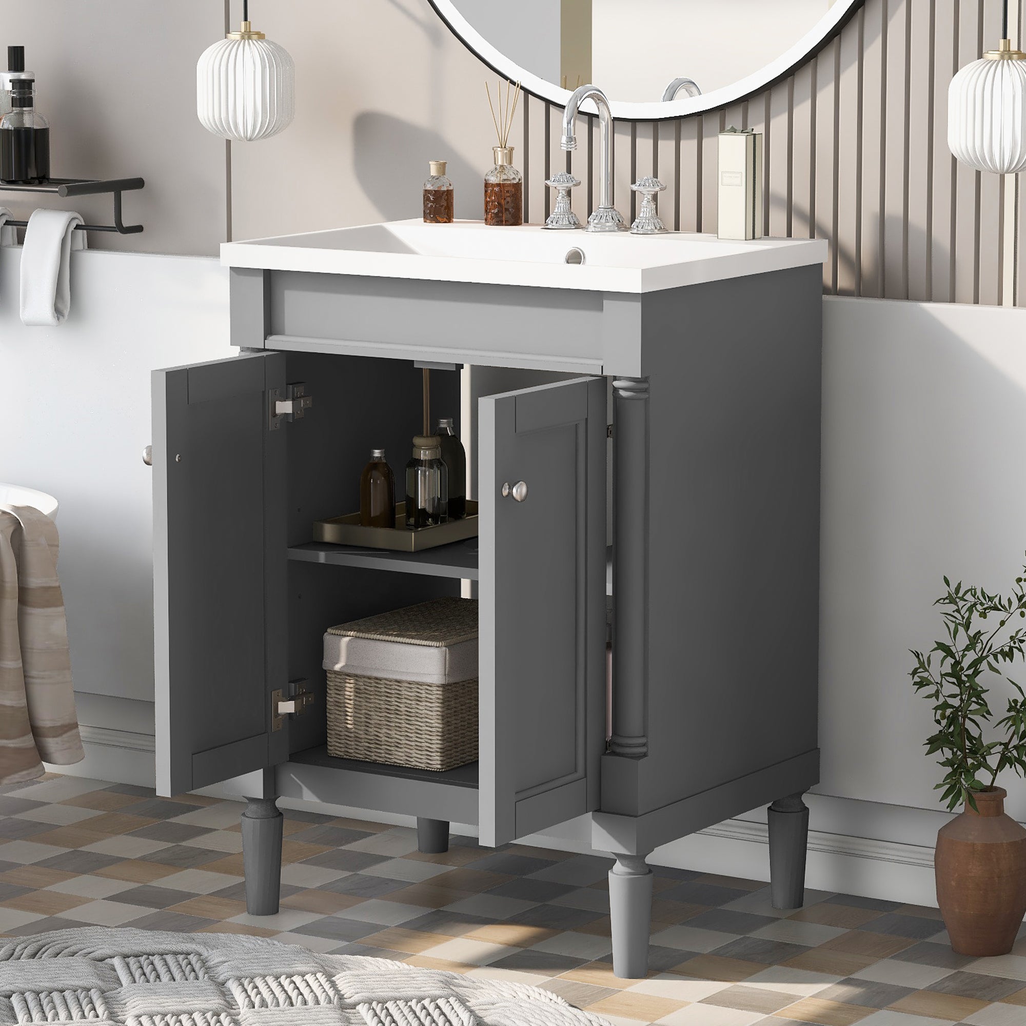 24'' Freestanding Bathroom Vanity Set in Blue with Integrated Resin Sink and Open Shelf