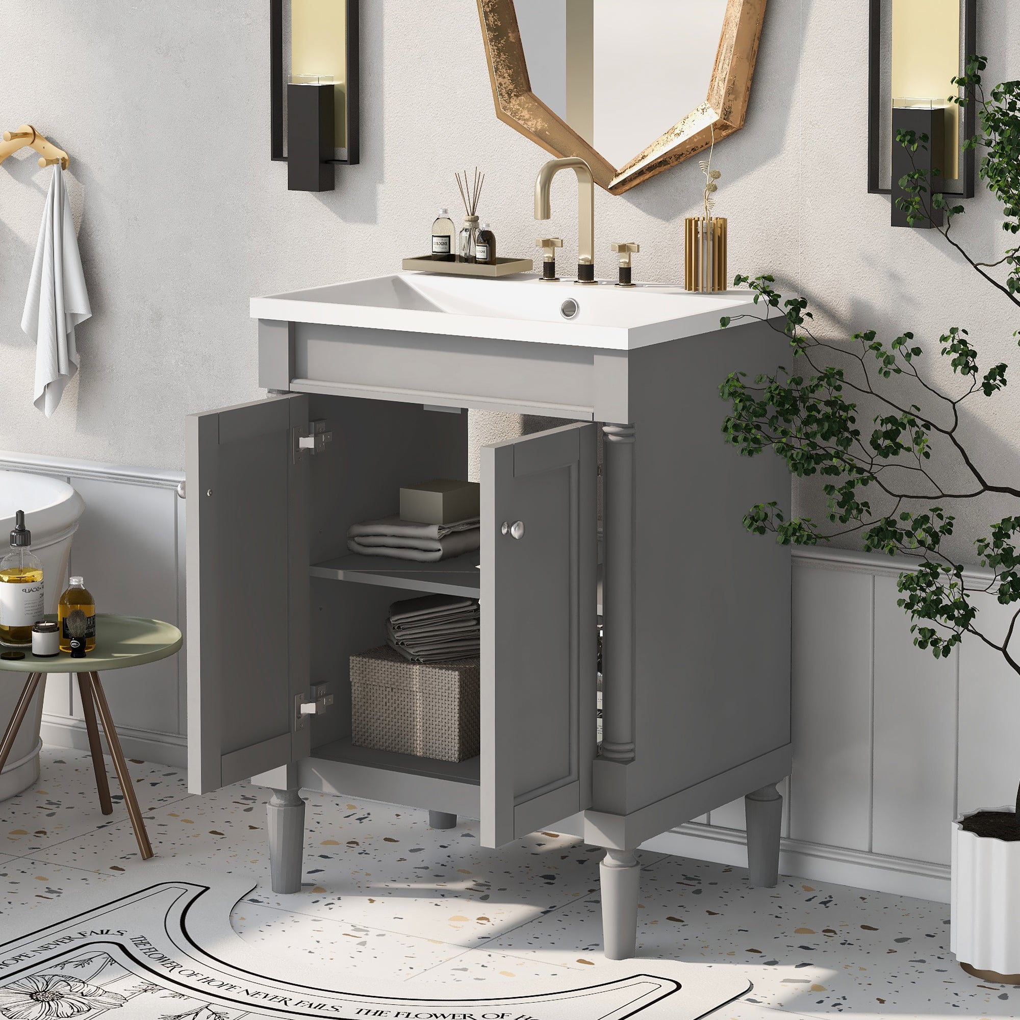 24'' Freestanding Bathroom Vanity Set in Blue with Integrated Resin Sink and Open Shelf