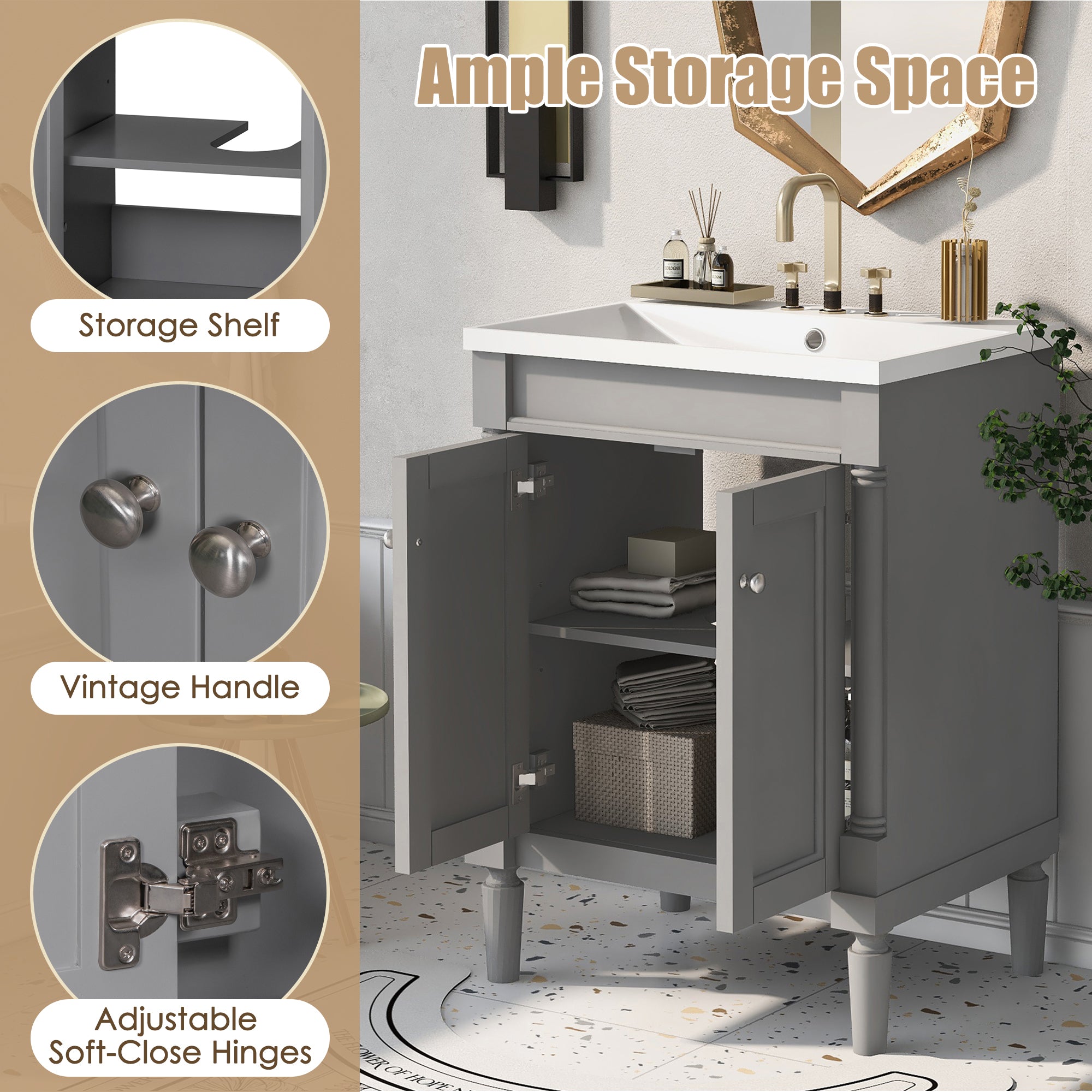 24'' Freestanding Bathroom Vanity Set in Blue with Integrated Resin Sink and Open Shelf