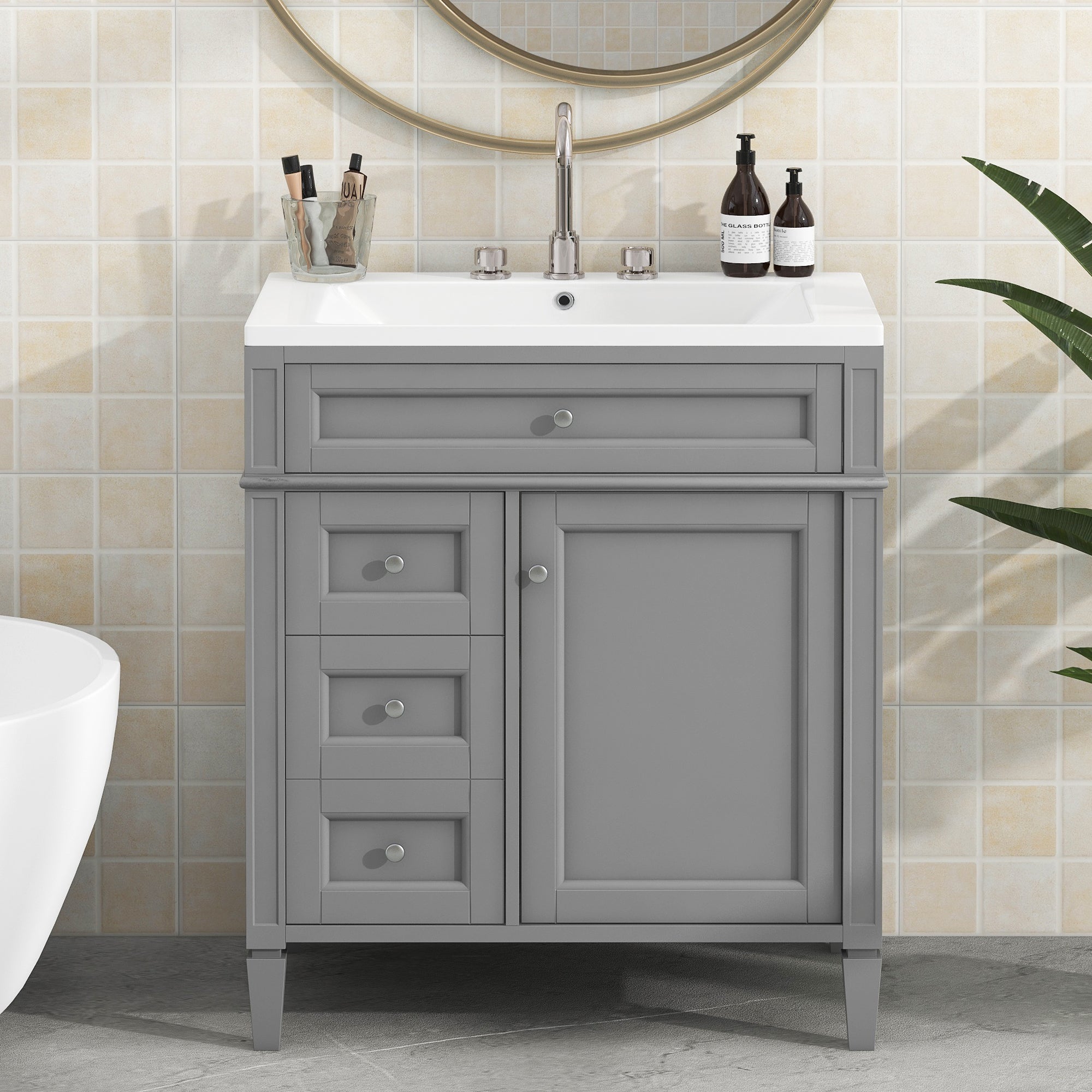 24'' Freestanding Bathroom Vanity Set in Blue with Integrated Resin Sink and Open Shelf
