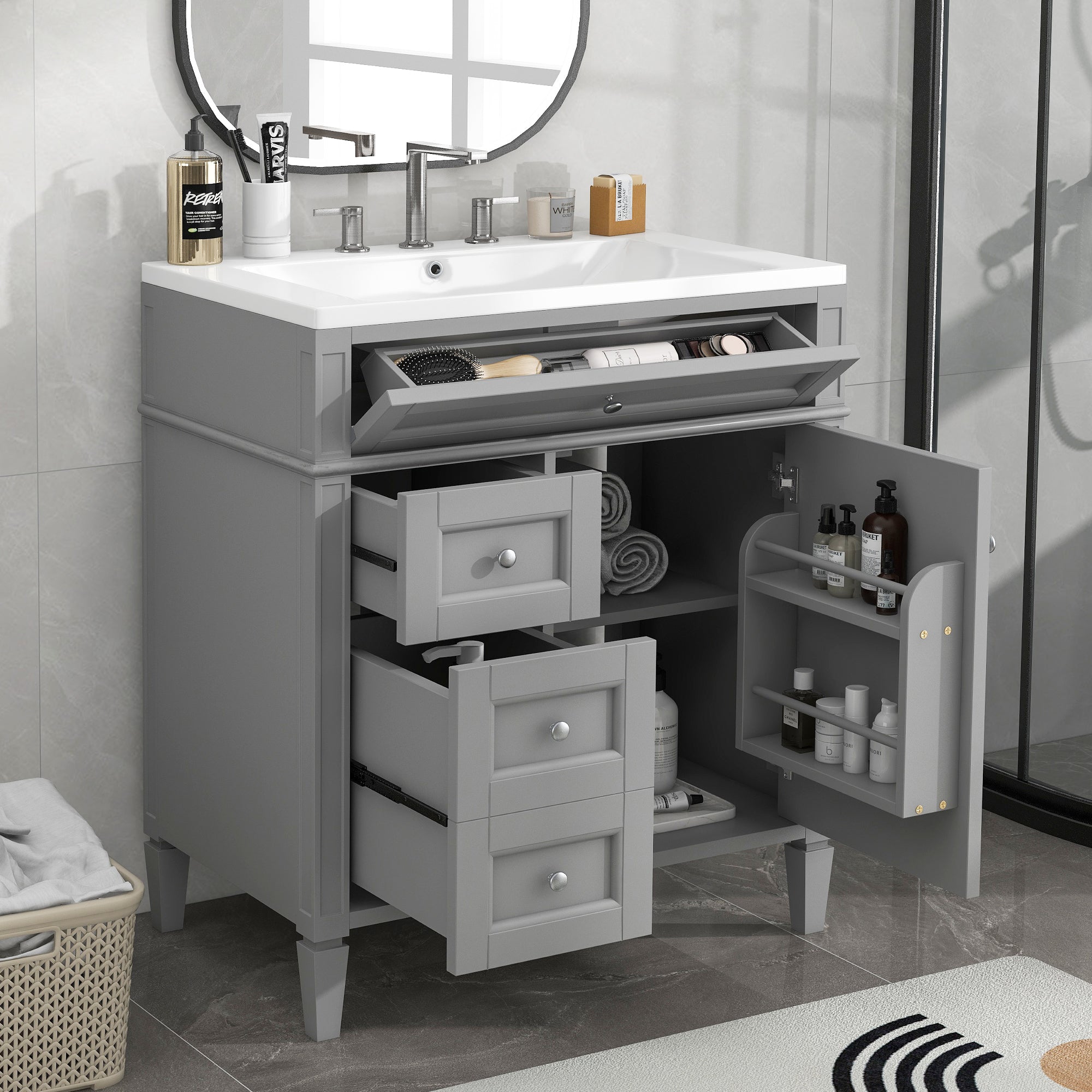 24'' Freestanding Bathroom Vanity Set in Blue with Integrated Resin Sink and Open Shelf