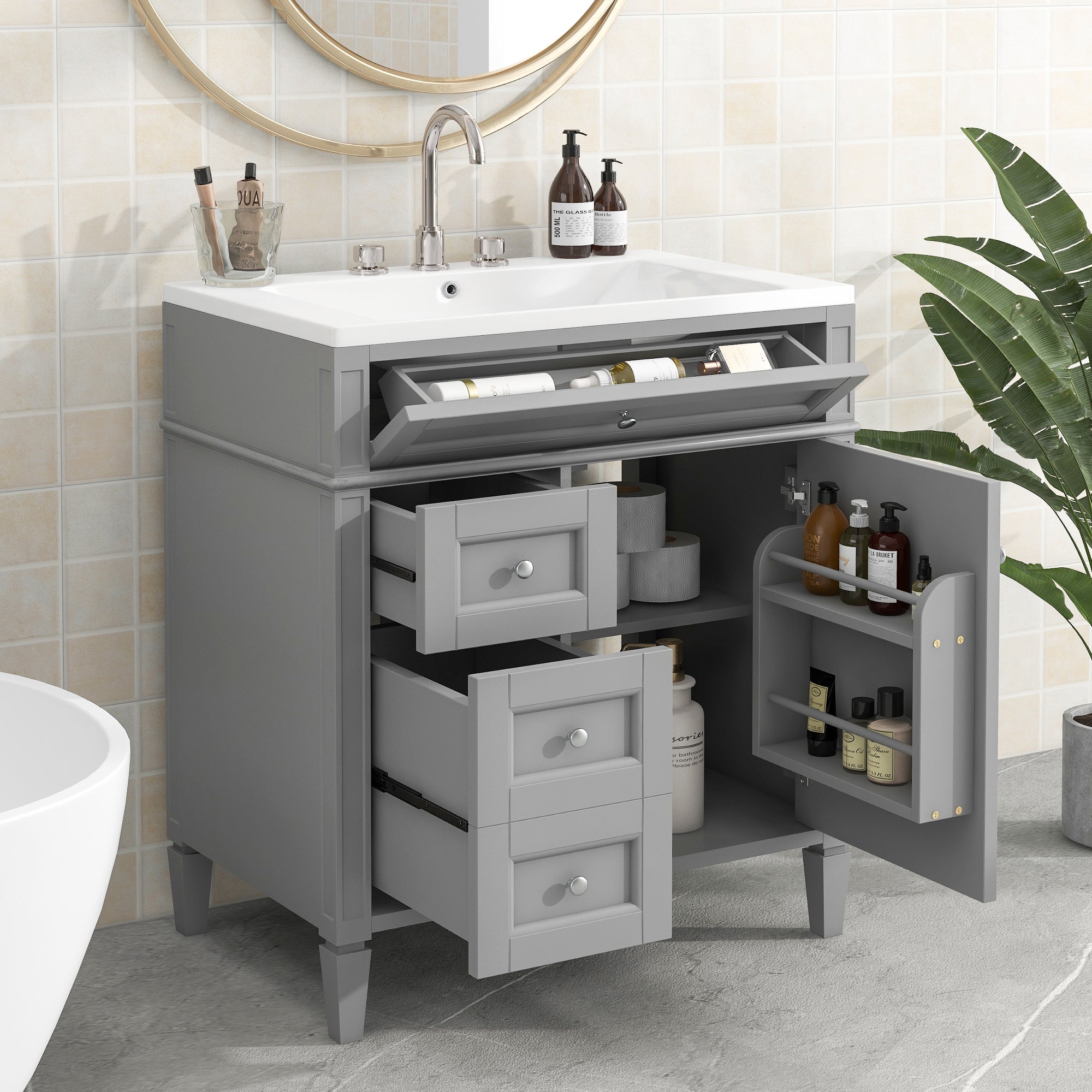 24'' Freestanding Bathroom Vanity Set in Blue with Integrated Resin Sink and Open Shelf