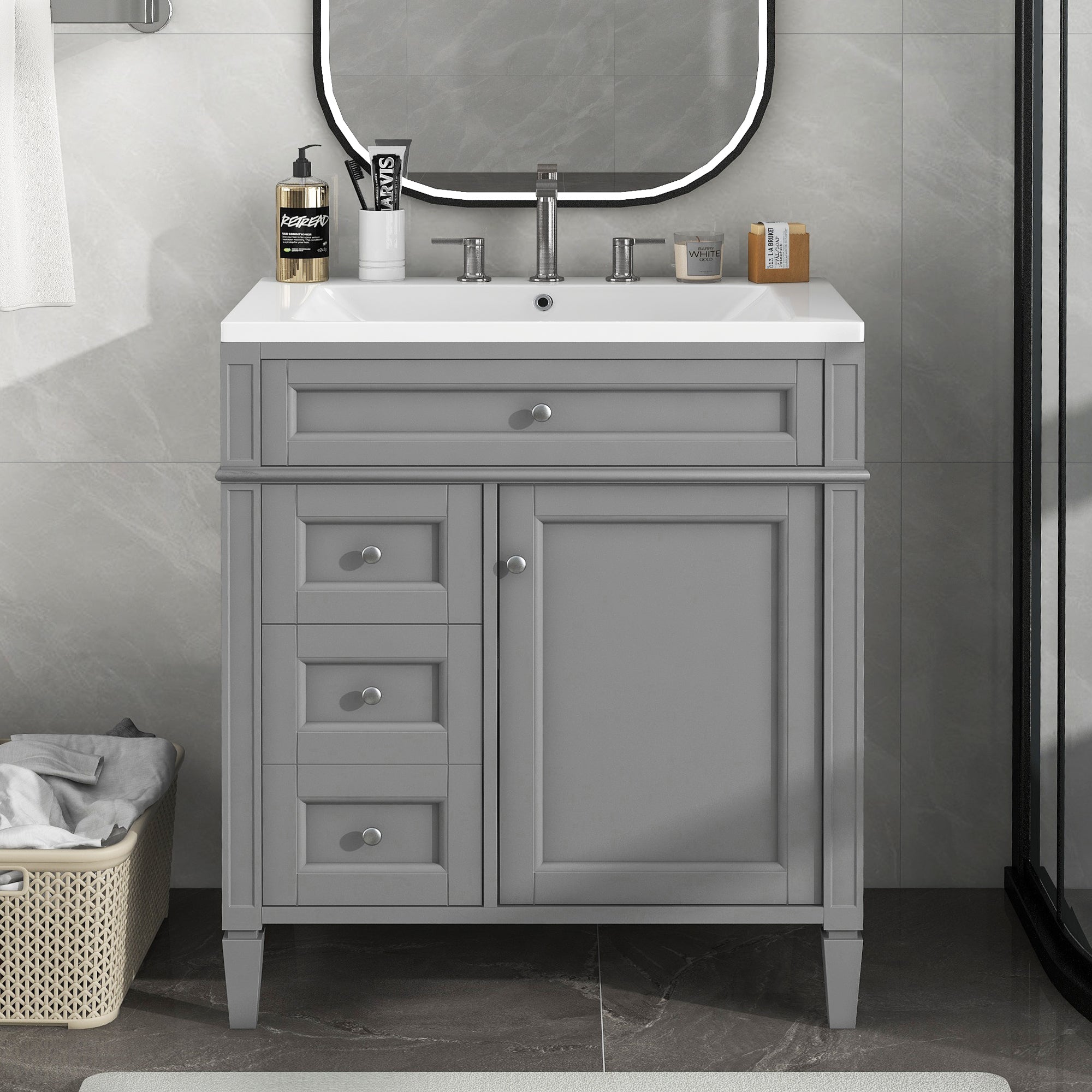 24'' Freestanding Bathroom Vanity Set in Blue with Integrated Resin Sink and Open Shelf
