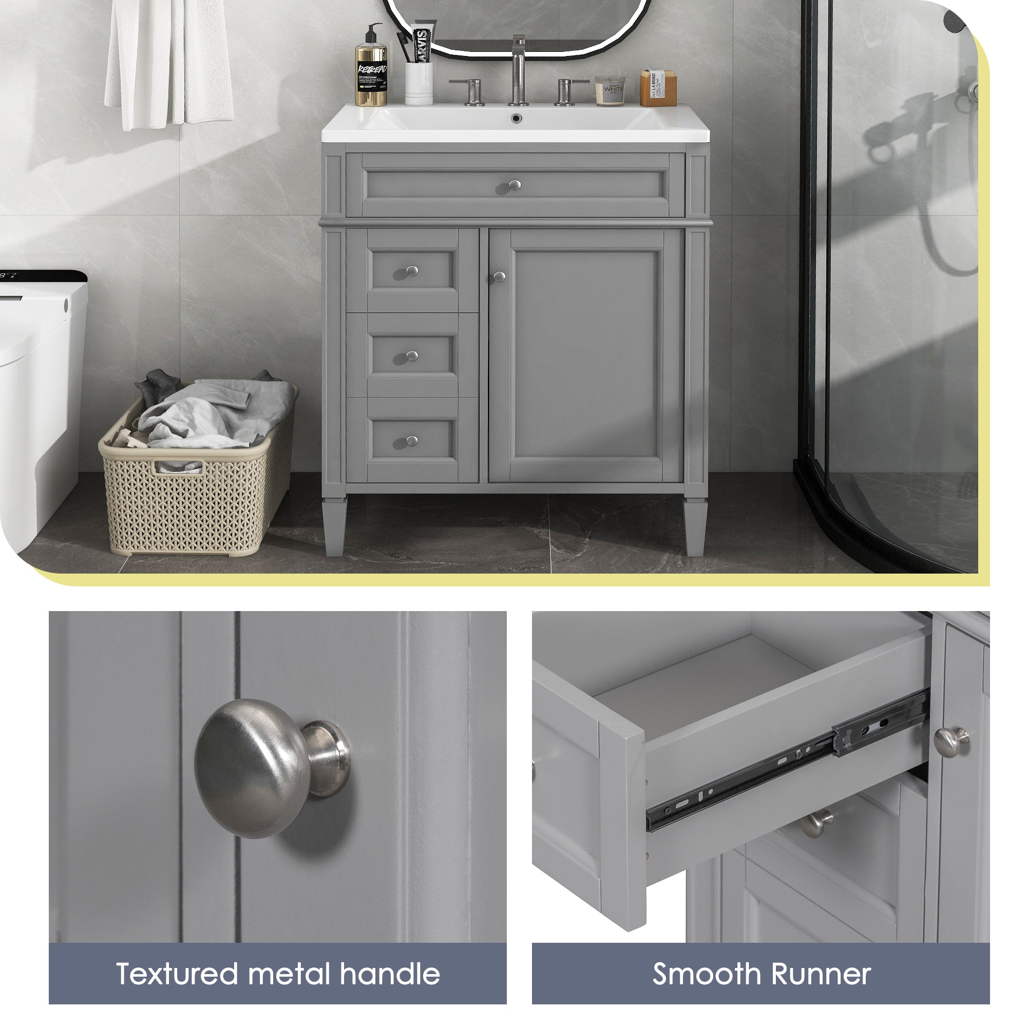 24'' Freestanding Bathroom Vanity Set in Blue with Integrated Resin Sink and Open Shelf