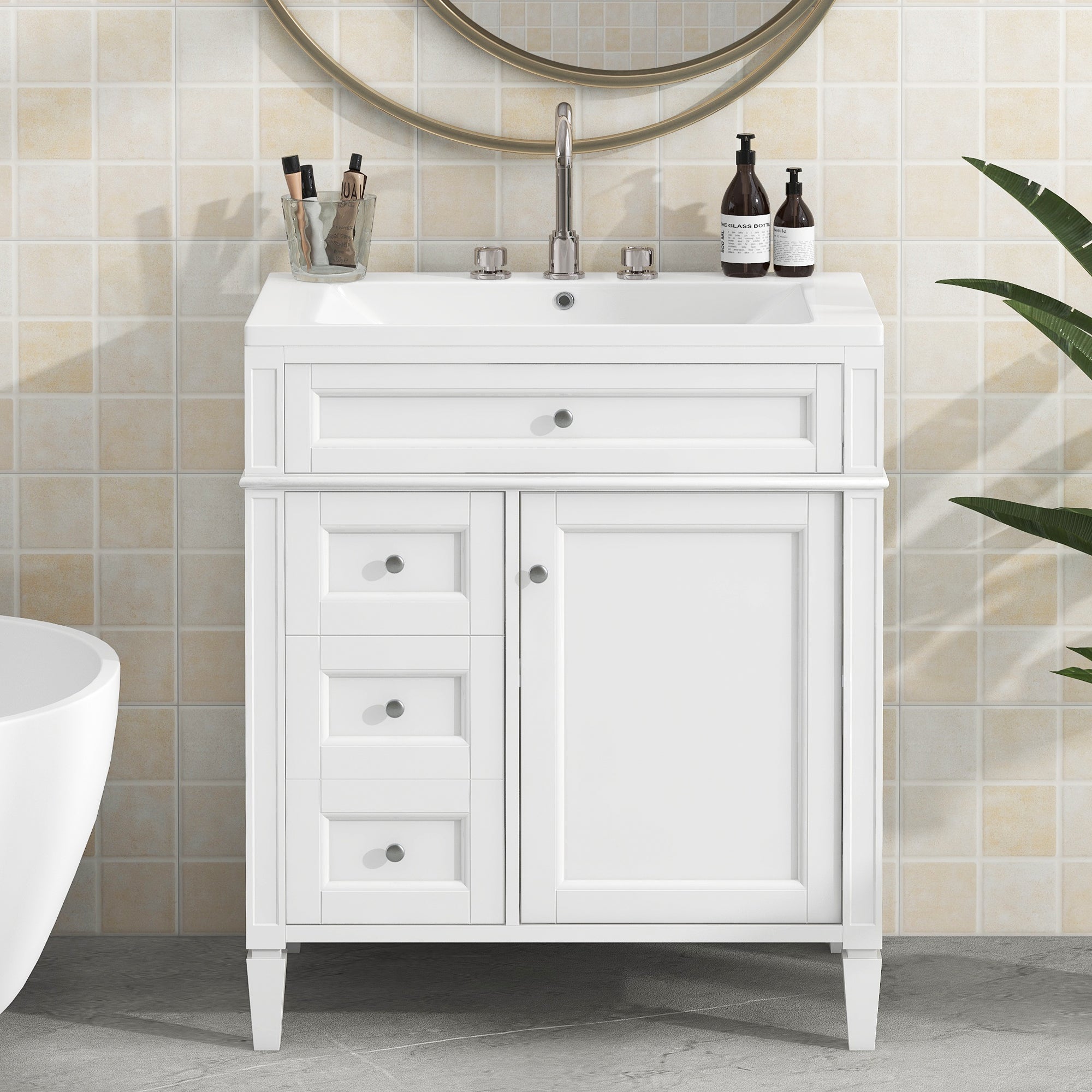 30inches Freestanding Bathroom Vanity Set with Integrated Resin Sink and Drawers