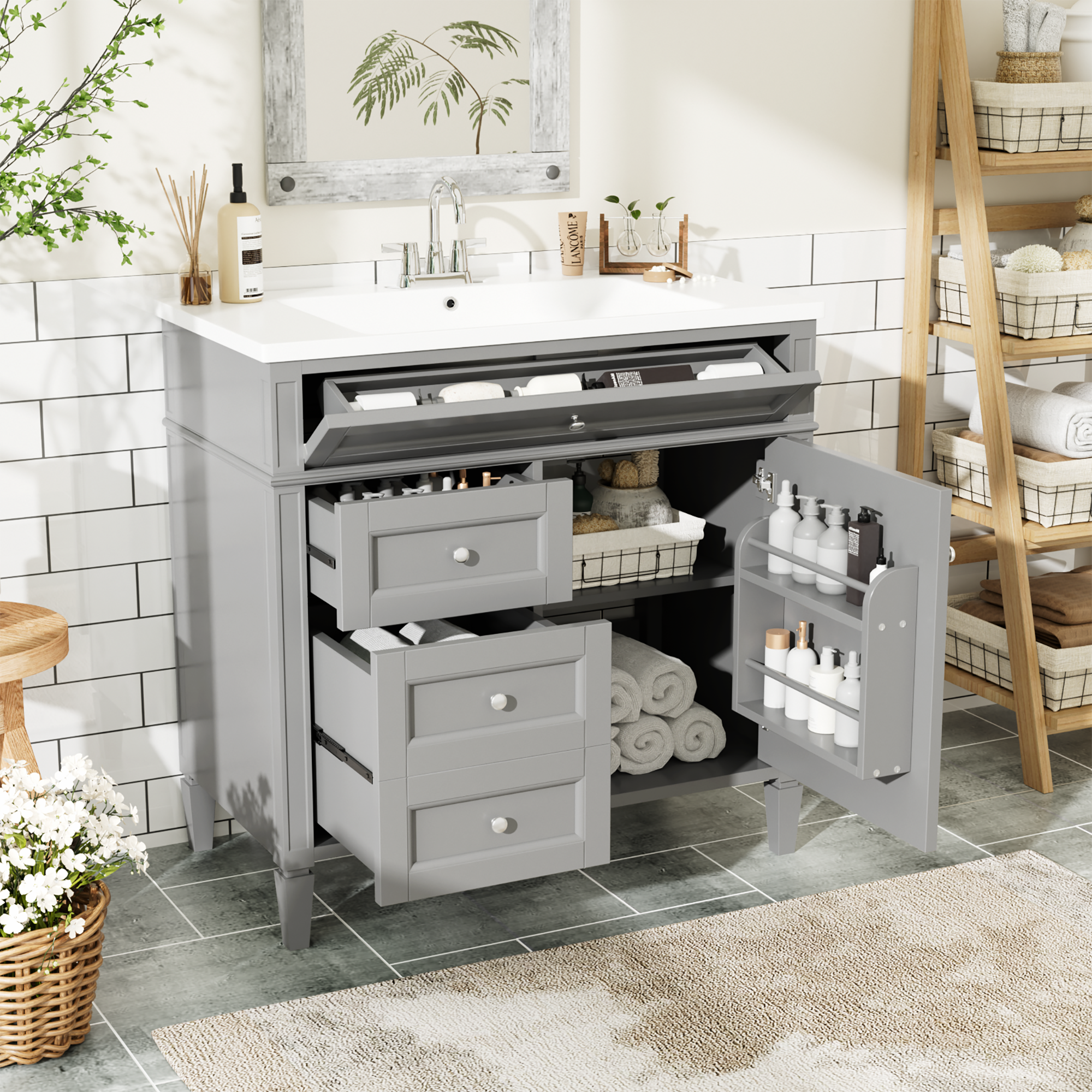 36 inches Freestanding Bathroom Vanity Set with Integrated Resin Sink and Drawers