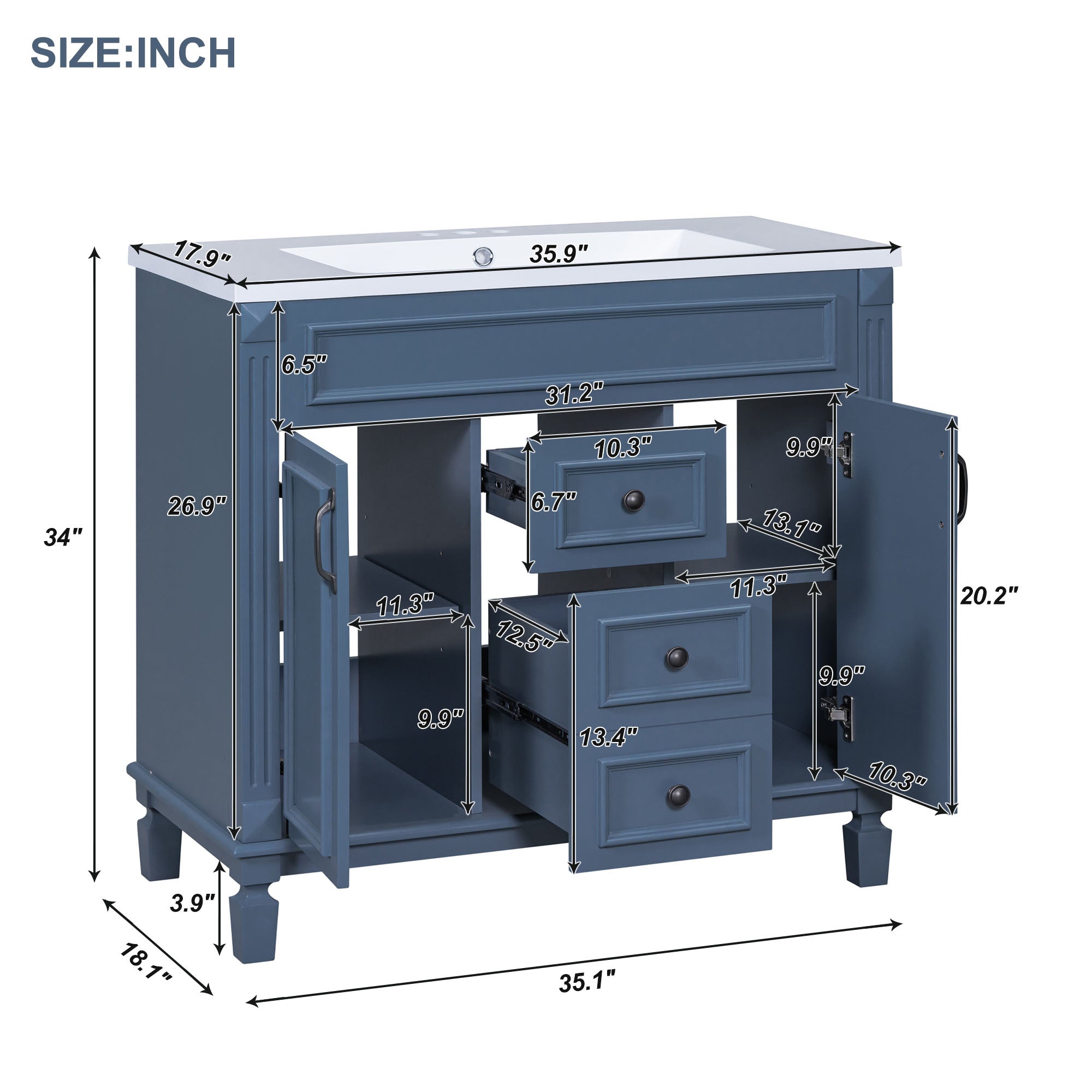 24'' Freestanding Bathroom Vanity Set in Blue with Integrated Resin Sink and Open Shelf