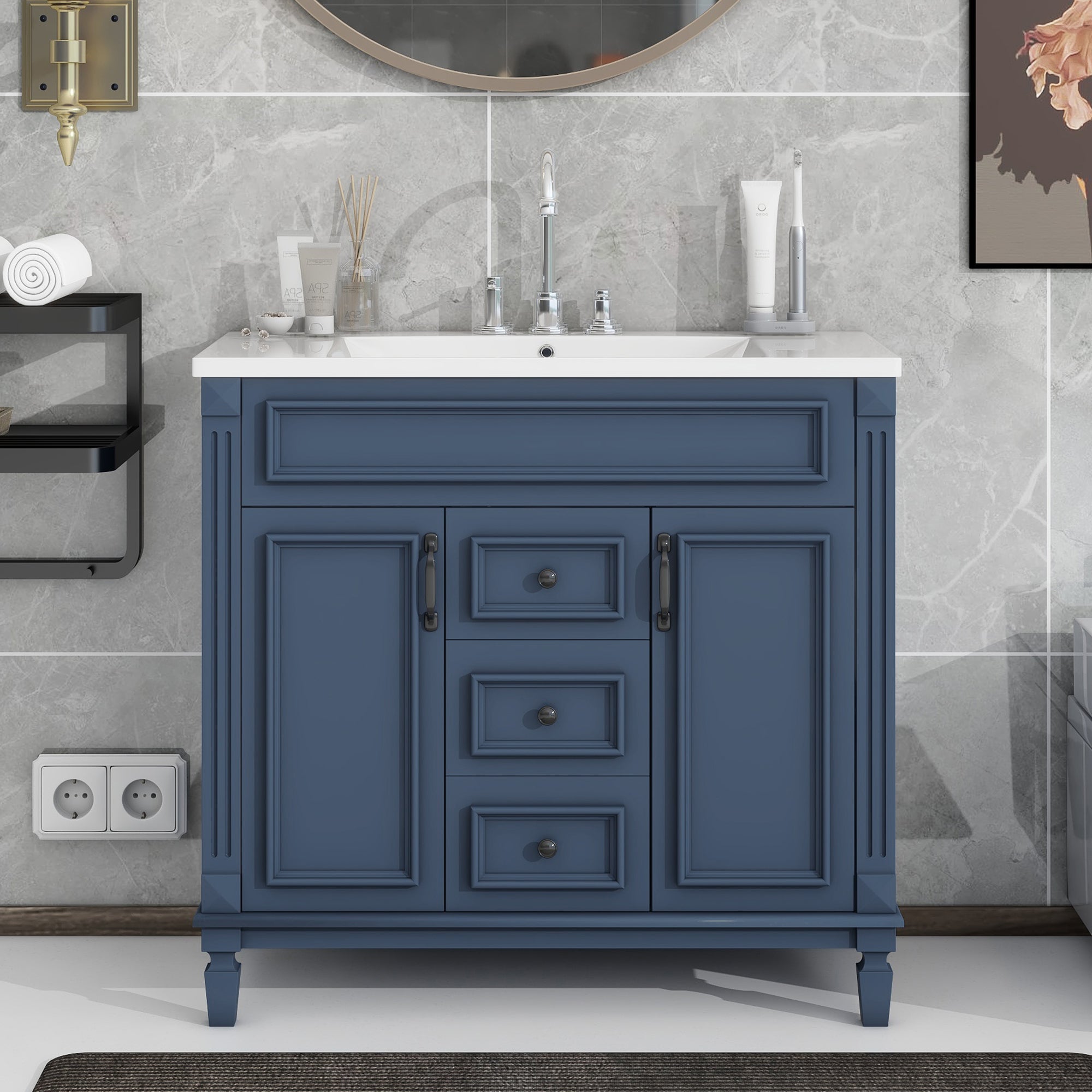 24'' Freestanding Bathroom Vanity Set in Blue with Integrated Resin Sink and Open Shelf