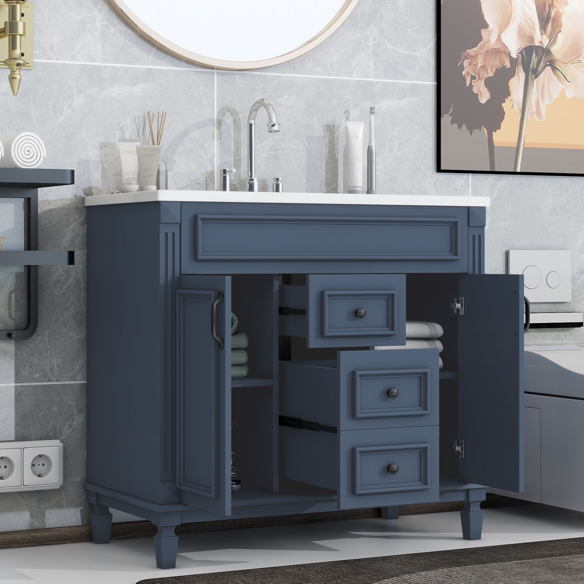 24'' Freestanding Bathroom Vanity Set in Blue with Integrated Resin Sink and Open Shelf