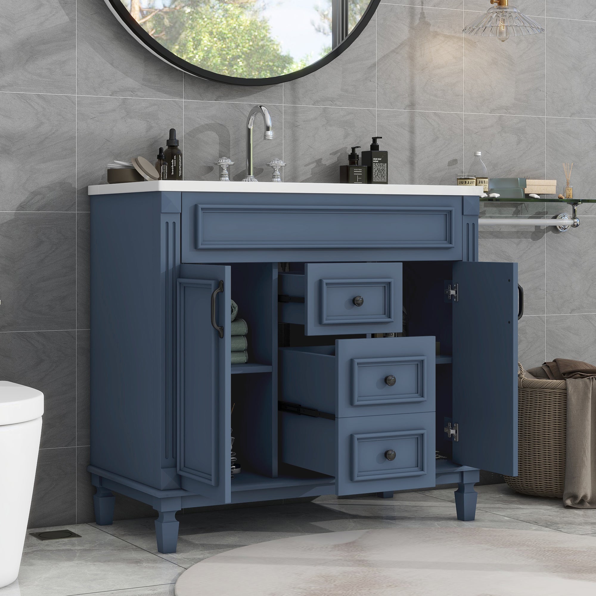 24'' Freestanding Bathroom Vanity Set in Blue with Integrated Resin Sink and Open Shelf