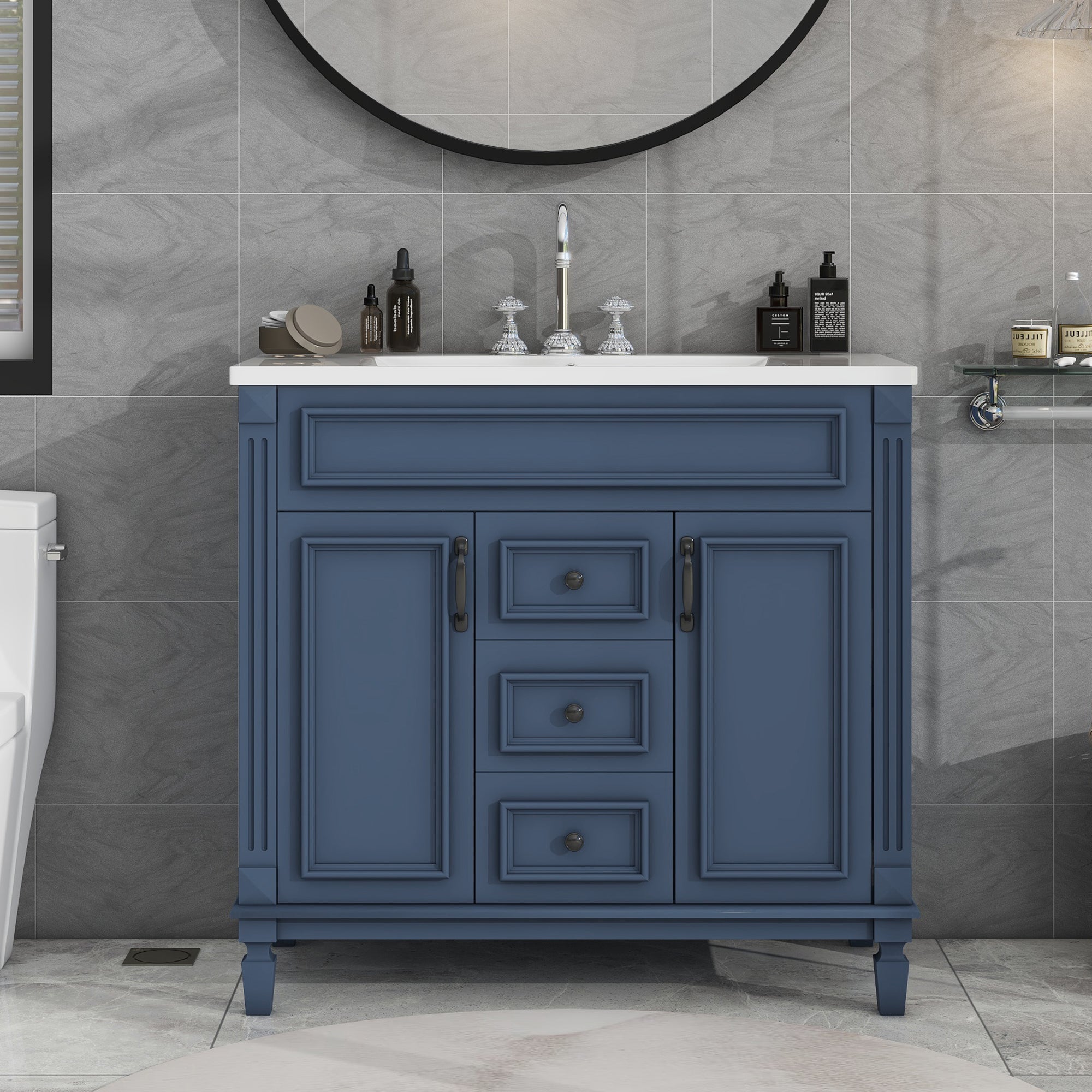 24'' Freestanding Bathroom Vanity Set in Blue with Integrated Resin Sink and Open Shelf