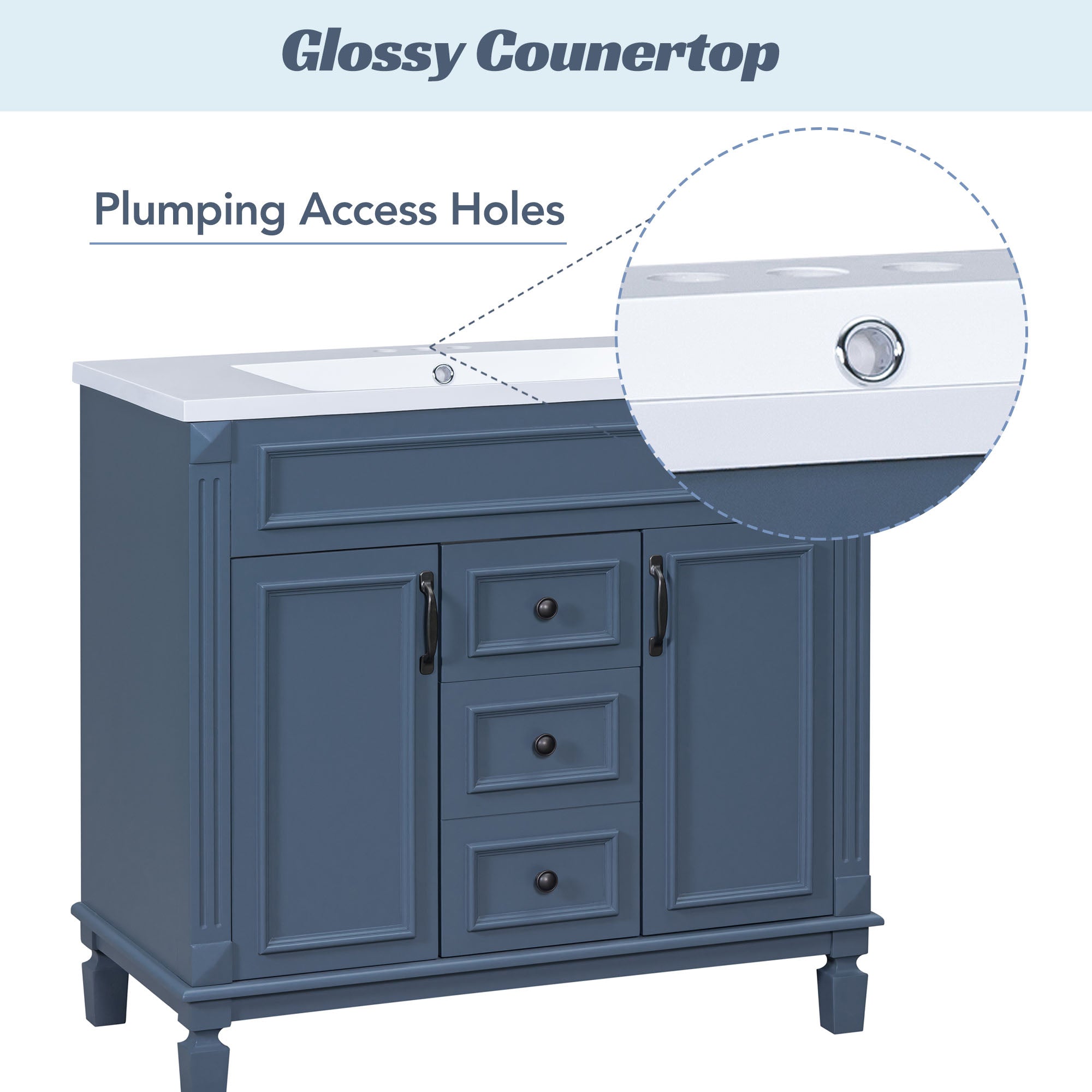 24'' Freestanding Bathroom Vanity Set in Blue with Integrated Resin Sink and Open Shelf