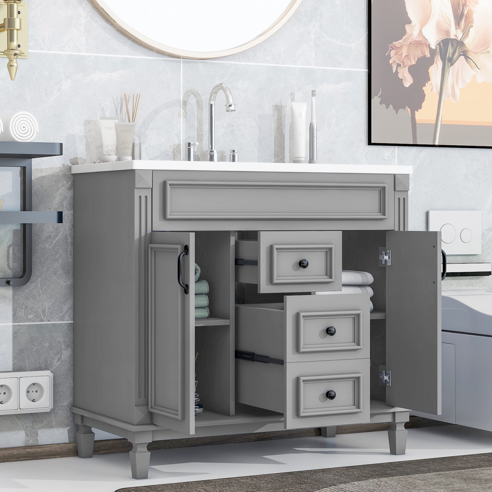 36'' Freestanding Bathroom Vanity Set in Blue with Integrated Resin Sink and Drawers