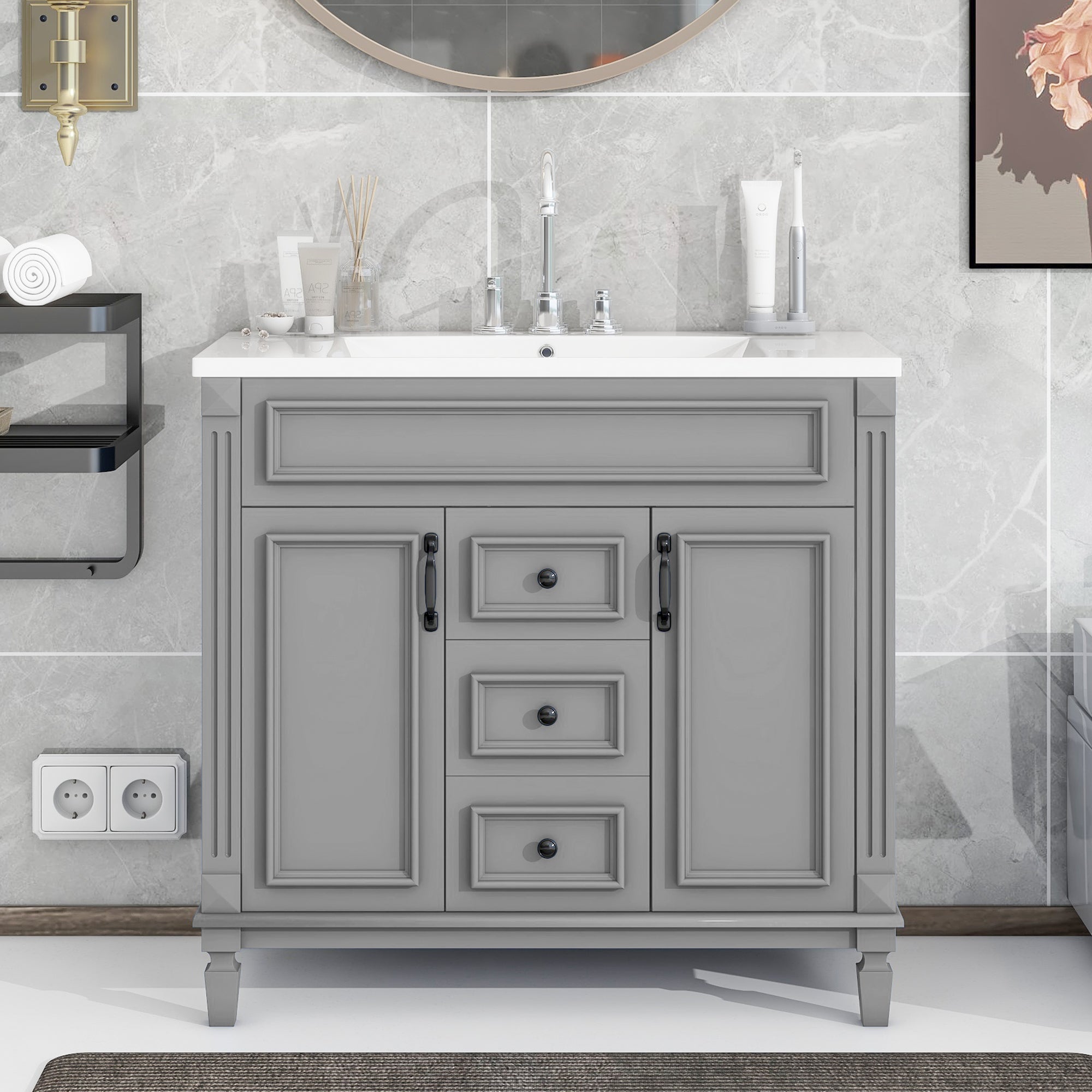 36'' Freestanding Bathroom Vanity Set in Blue with Integrated Resin Sink and Drawers