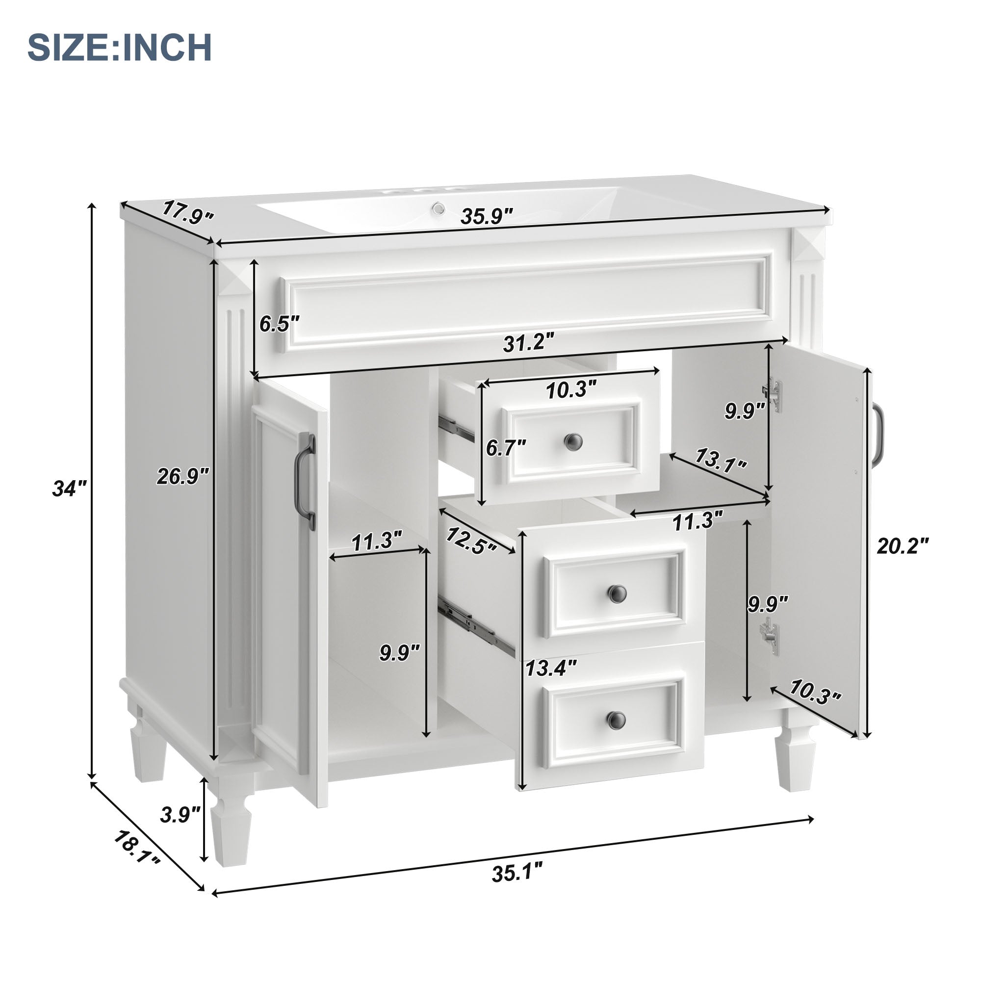 36'' Freestanding Bathroom Vanity Set in Blue with Integrated Resin Sink and Drawers
