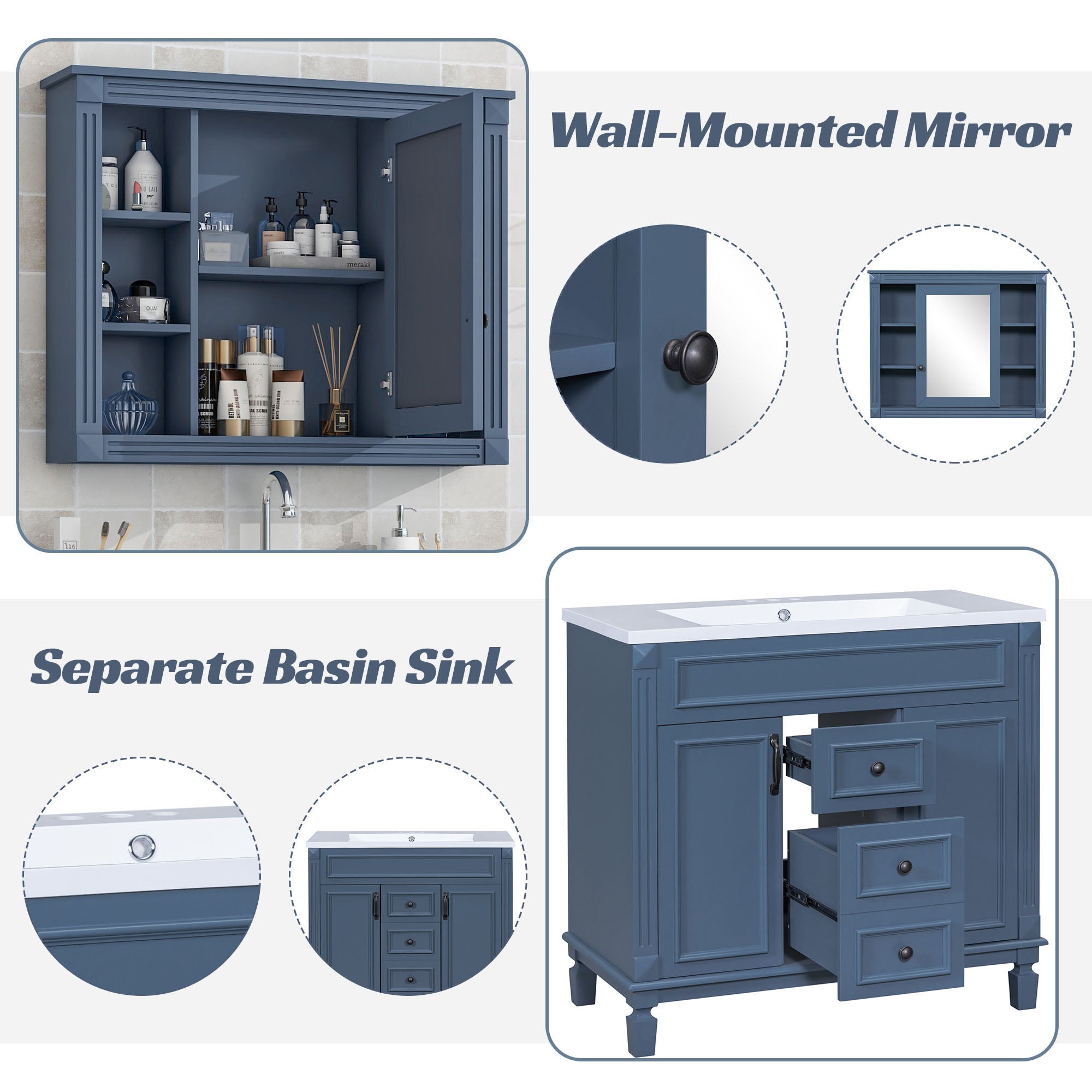 36'' Freestanding Bathroom Vanity Set in Blue with Mirror Cabinet