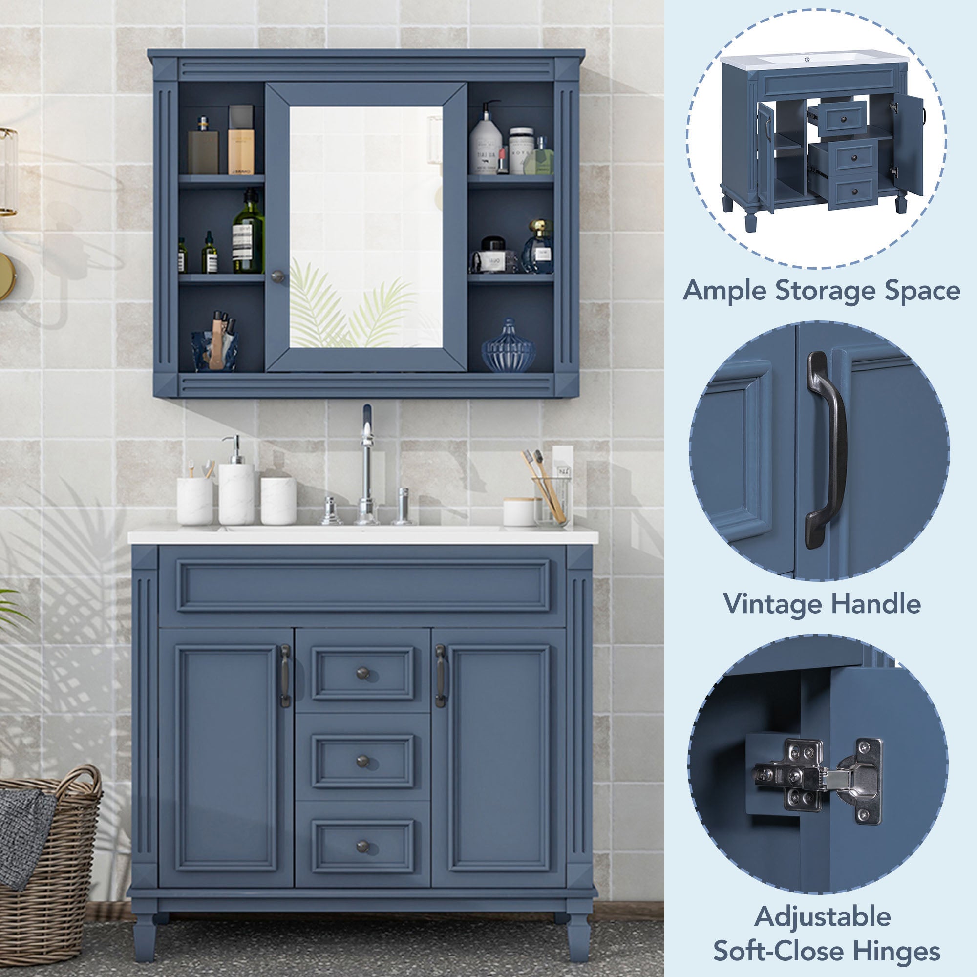 36'' Freestanding Bathroom Vanity Set in Blue with Mirror Cabinet